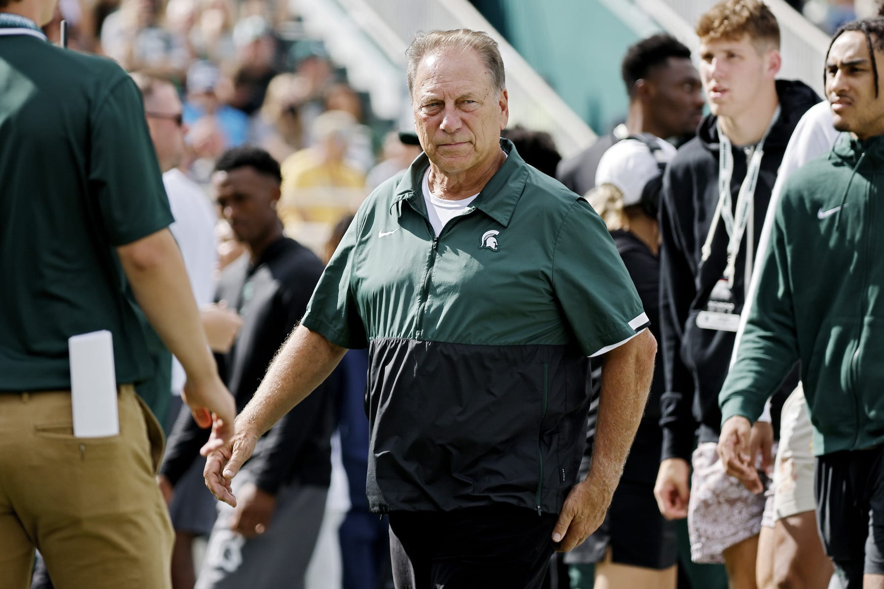 EAST LANSING, MICHIGAN - SEPTEMBER 09: Head basketball coach Tom Izzo of the Michigan State Spartans looks on during a a football game between the Spartans and the Richmond Spiders at Spartan Stadium on September 09, 2023 in East Lansing, Michigan. (Photo by Mike Mulholland/Getty Images)