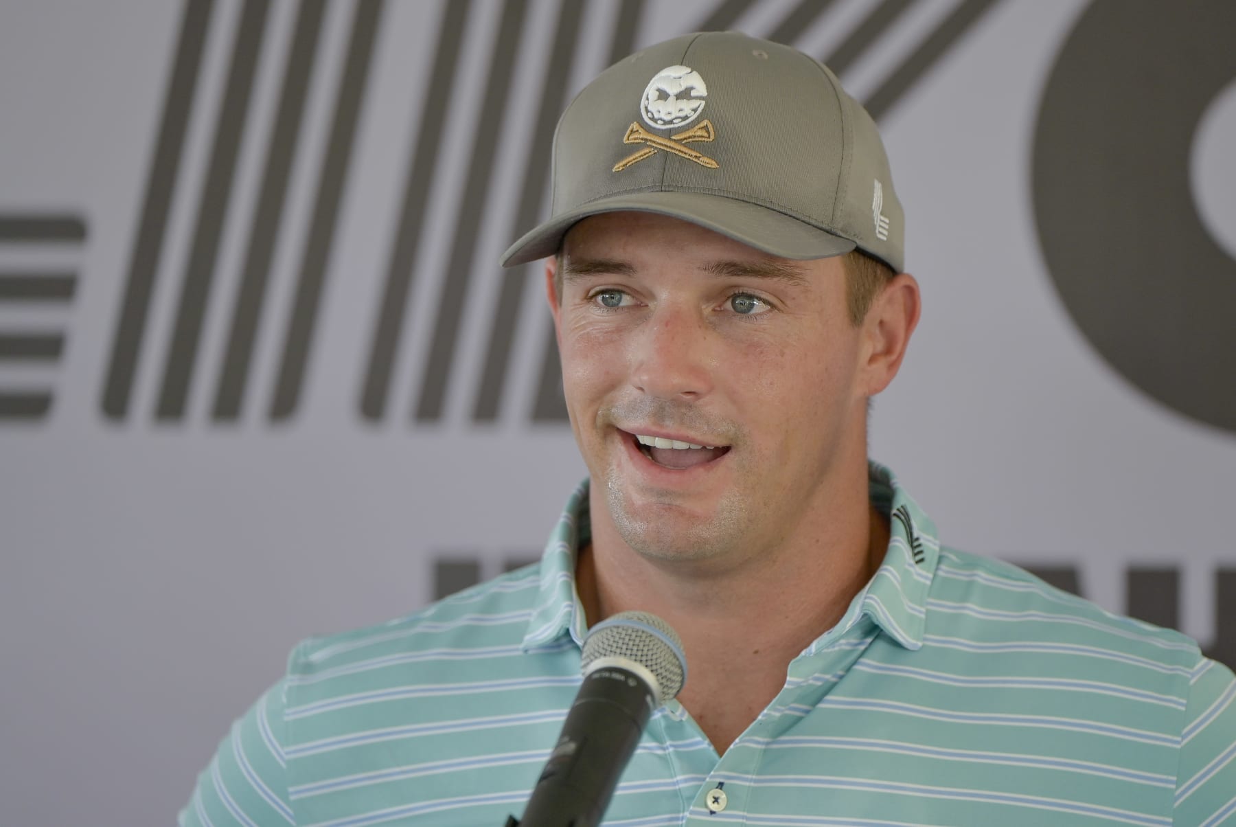 JEDDAH, SAUDI ARABIA - OCTOBER 11: Bryson DeChambeau speaks to the press ahead of the  LIV Golf Invitational on October 11, 2023 in Jeddah, Saudi Arabia. (Photo by Khalid Alhaj/MB Media/Getty Images)