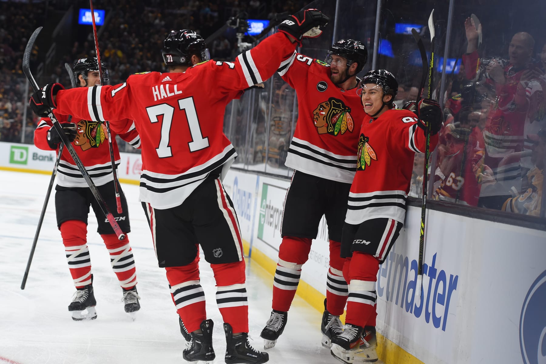 BOSTON, MASSACHUSETTS - OCTOBER 11: Connor Bedard #98 of the Chicago Blackhawks celebrates a first period goal against the Boston Bruins in the season opener on October 11, 2023 at the TD Garden in Boston, Massachusetts. (Photo by Steve Babineau/NHLI via Getty Images)