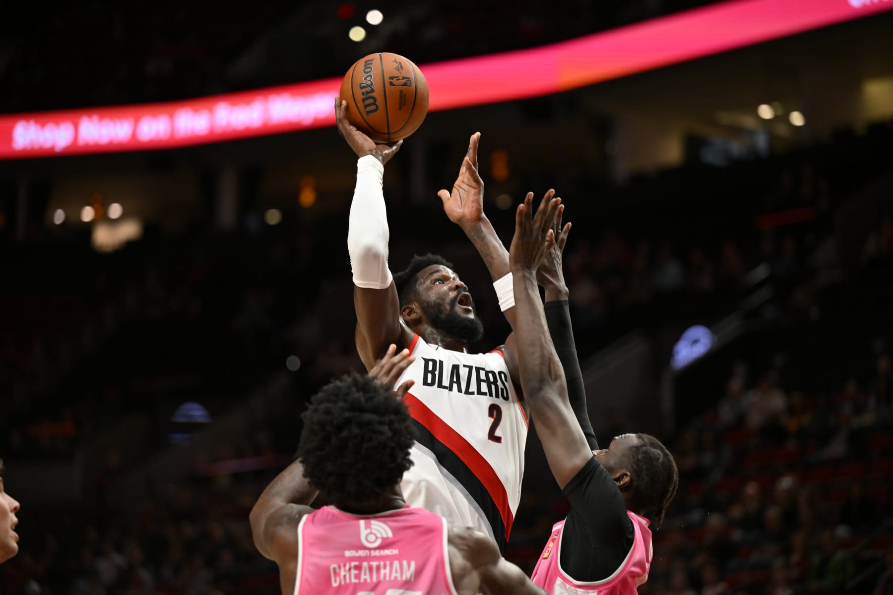 PORTLAND, OREGON - OCTOBER 10: Deandre Ayton #2 of the Portland Trail Blazers shoots during the second quarter of the exhibition game \V at Moda Center on October 10, 2023 in Portland, Oregon. NOTE TO USER: User expressly acknowledges and agrees that, by downloading and or using this Photograph, user is consenting to the terms and conditions of the Getty Images License Agreement.  (Photo by Alika Jenner/Getty Images)