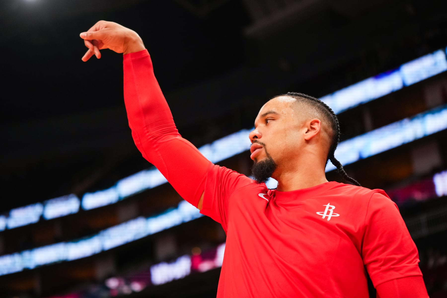 HOUSTON, TEXAS - OCTOBER 10: Dillon Brooks #9 of the Houston Rockets warms up prior to the preseason game against the Indiana Pacers at Toyota Center on October 10, 2023 in Houston, Texas. NOTE TO USER: User expressly acknowledges and agrees that, by downloading and or using this photograph, User is consenting to the terms and conditions of the Getty Images License Agreement. (Photo by Alex Bierens de Haan/Getty Images)