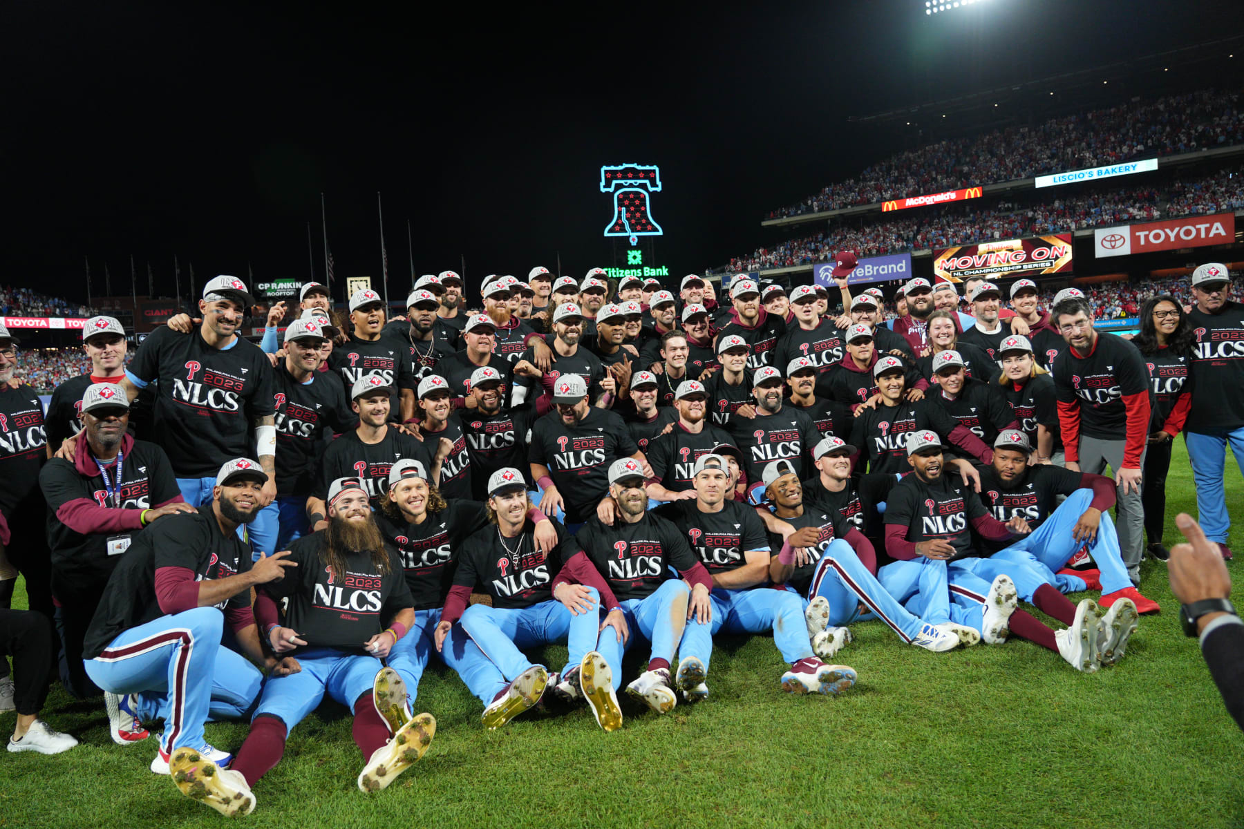 PHILADELPHIA, PA - OCTOBER 12: Philadelphia Phillies celebrate their win during game four of the NLDS game between the Atlanta Braves and the Philadelphia Phillies on October 12, 2023, at Citizens Bank Park. (Photo by Andy Lewis/Icon Sportswire via Getty Images)