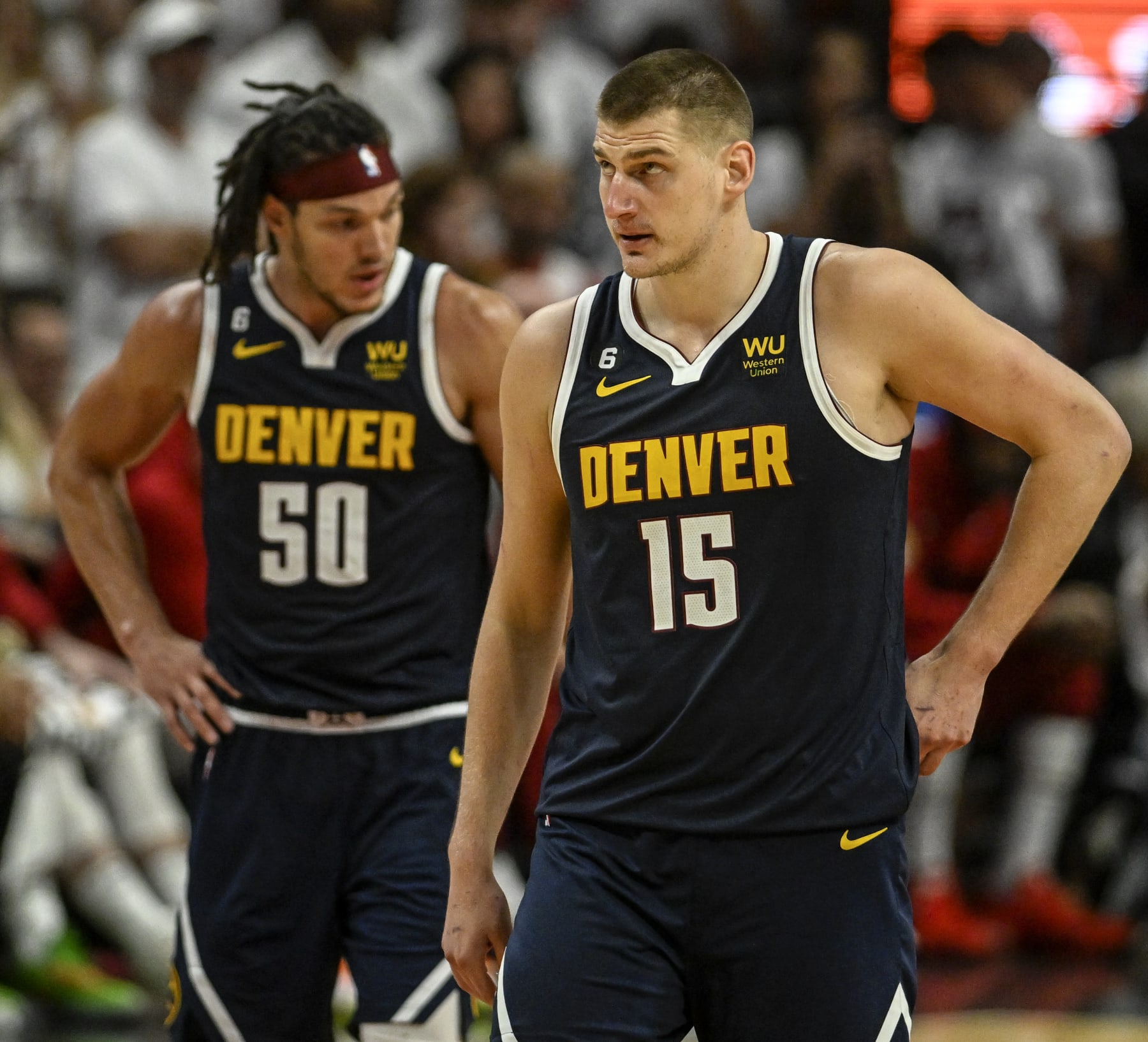 MIAMI, FL - JUNE 9: Nikola Jokic (15) and Aaron Gordon (50) of the Denver Nuggets work against the Miami Heat in the fourth quarter of the Nuggets' 108-95 win during Game 4 of the NBA Finals at the Kaseya Center in Miami on Friday, June 9, 2023. (Photo by AAron Ontiveroz/The Denver Post)