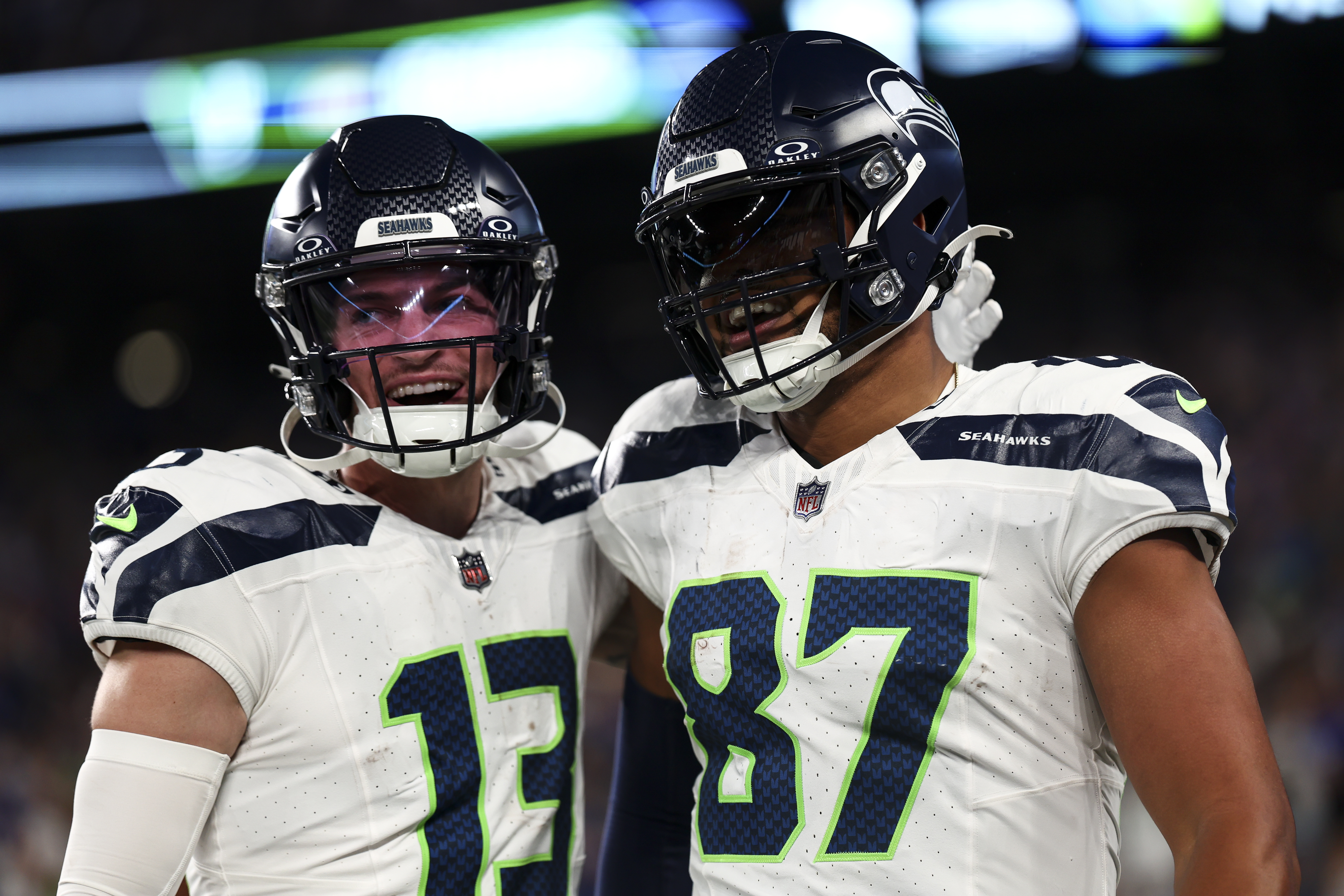 DK Metcalf of the Seattle Seahawks reacts after diving to make a