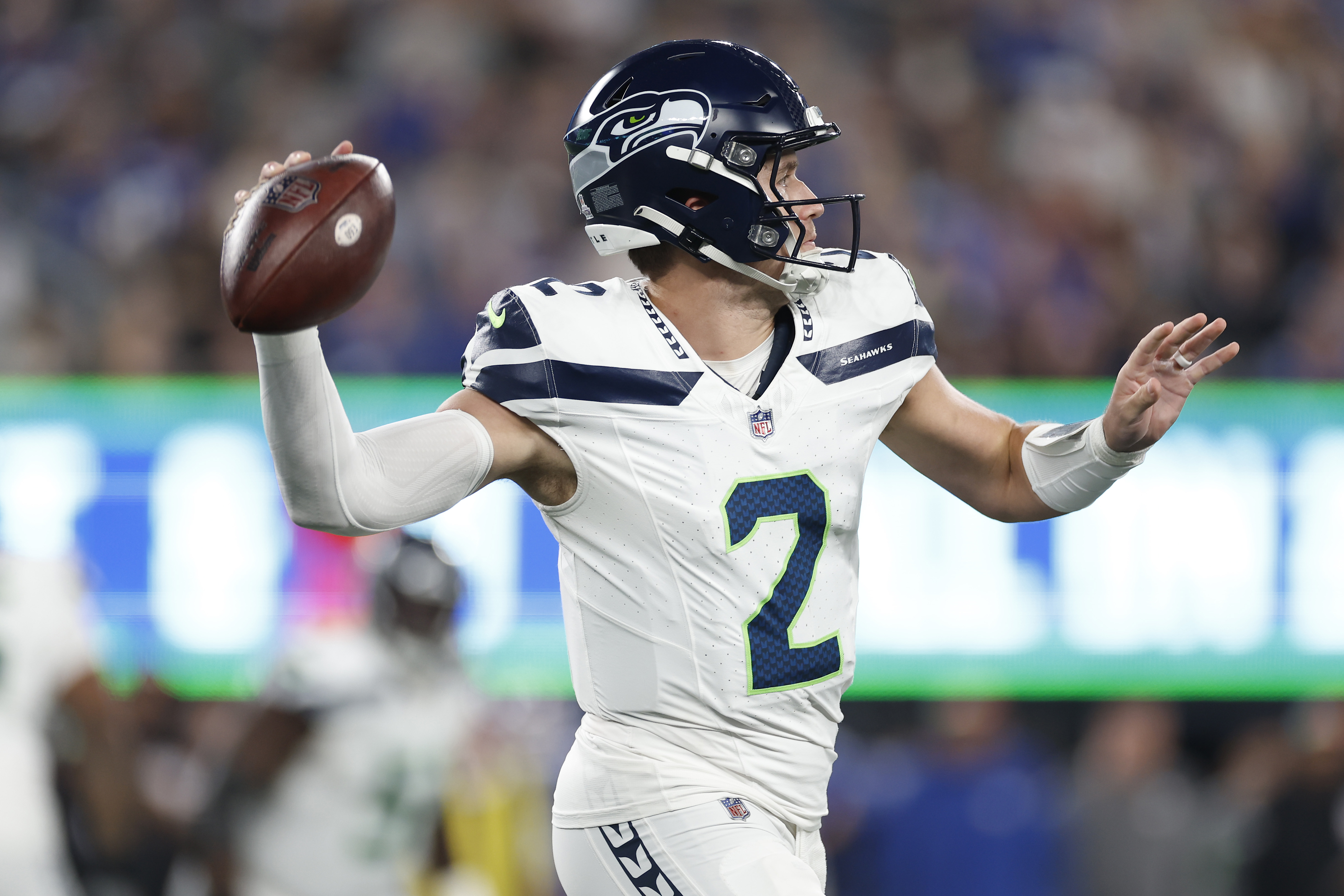 DK Metcalf of the Seattle Seahawks reacts after diving to make a