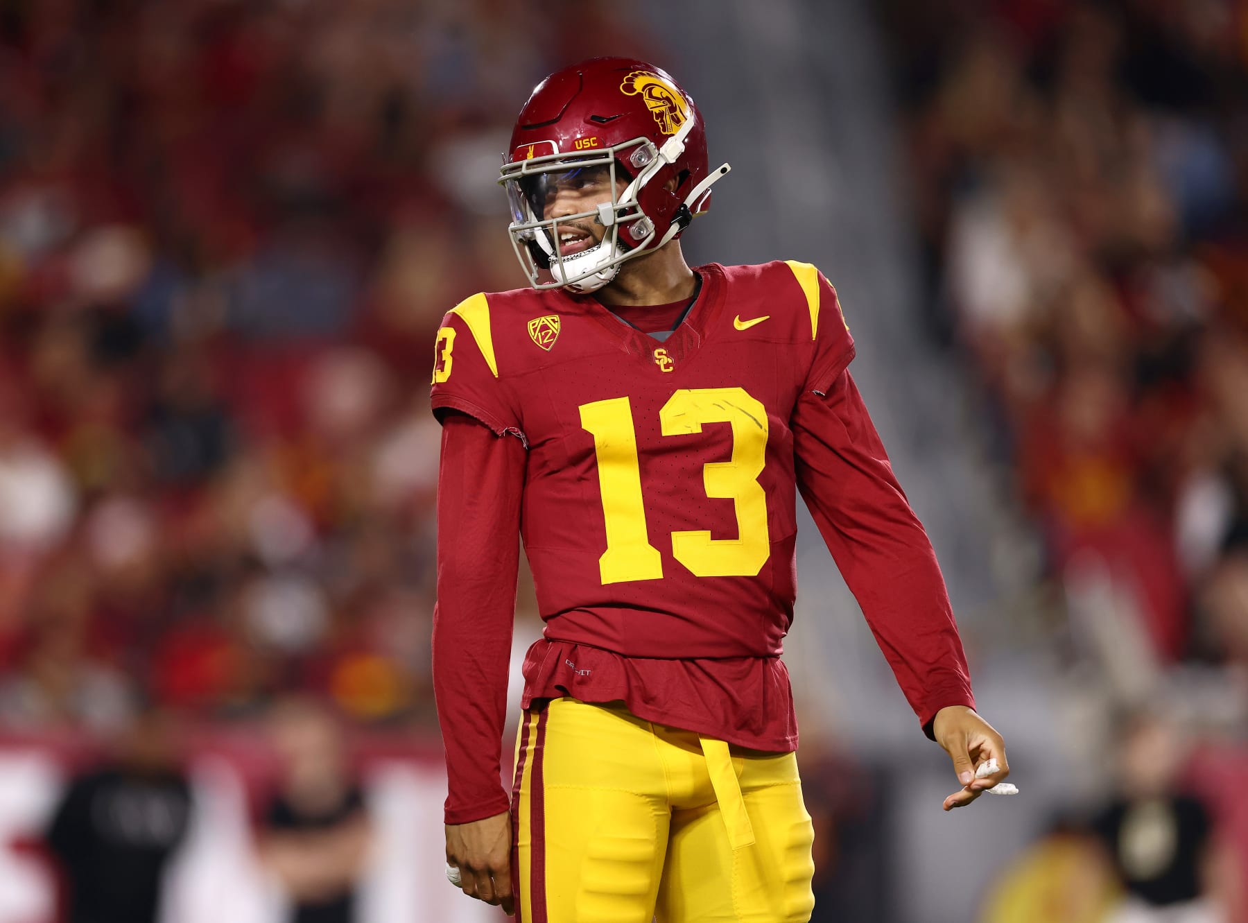 LOS ANGELES, CALIFORNIA - OCTOBER 07: Caleb Williams #13 of the USC Trojans looks on during the first quarter against the Arizona Wildcats at United Airlines Field at the Los Angeles Memorial Coliseum on October 07, 2023 in Los Angeles, California. (Photo by Katelyn Mulcahy/Getty Images)