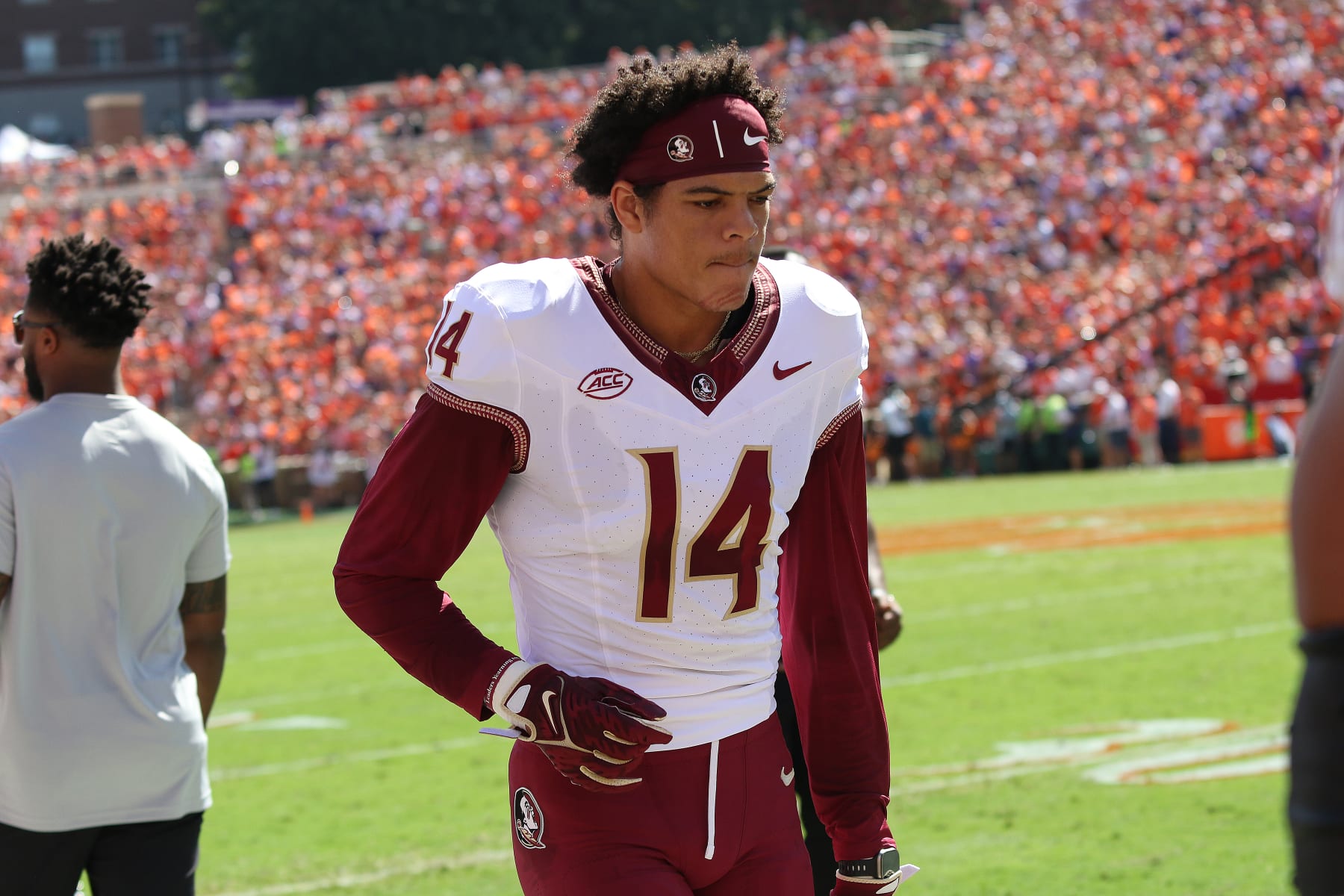 CLEMSON, SC - SEPTEMBER 23: Florida State Seminoles wide receiver Johnny Wilson (14) during a college football game between the Florida State Seminoles and the Clemson Tigers on September 23, 2023, at Clemson Memorial Stadium in Clemson, S.C.  (Photo by John Byrum/Icon Sportswire via Getty Images)
