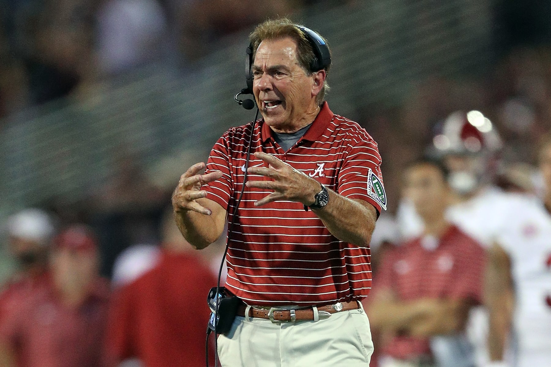 STARKVILLE, MISSISSIPPI - SEPTEMBER 30: head coach Nick Saban of the Alabama Crimson Tide during the game against the Mississippi State Bulldogs at Davis Wade Stadium on September 30, 2023 in Starkville, Mississippi. (Photo by Justin Ford/Getty Images)