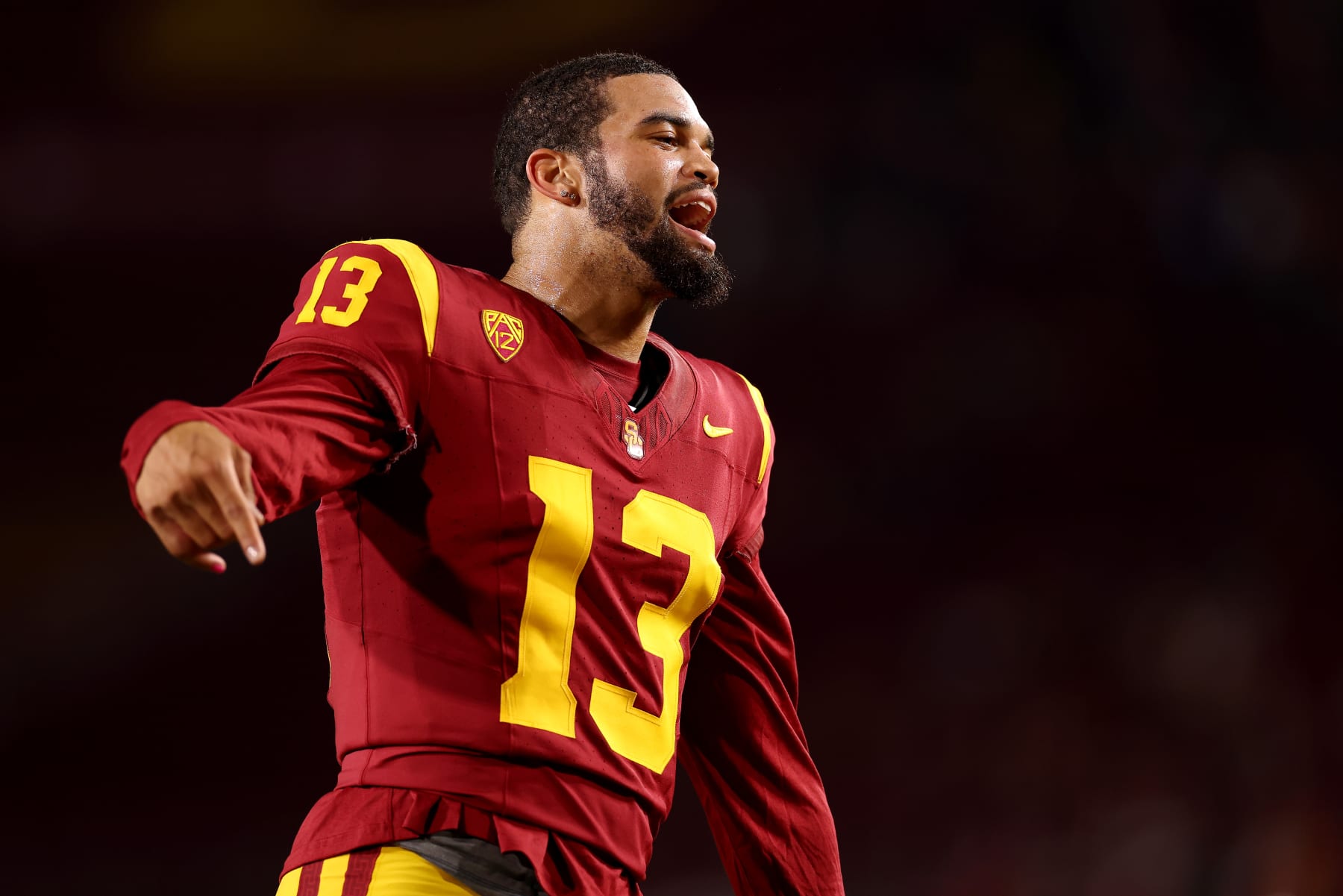 LOS ANGELES, CALIFORNIA - OCTOBER 07: Caleb Williams #13 of the USC Trojans warms up prior to the game against the Arizona Wildcats at United Airlines Field at the Los Angeles Memorial Coliseum on October 07, 2023 in Los Angeles, California. (Photo by Katelyn Mulcahy/Getty Images)