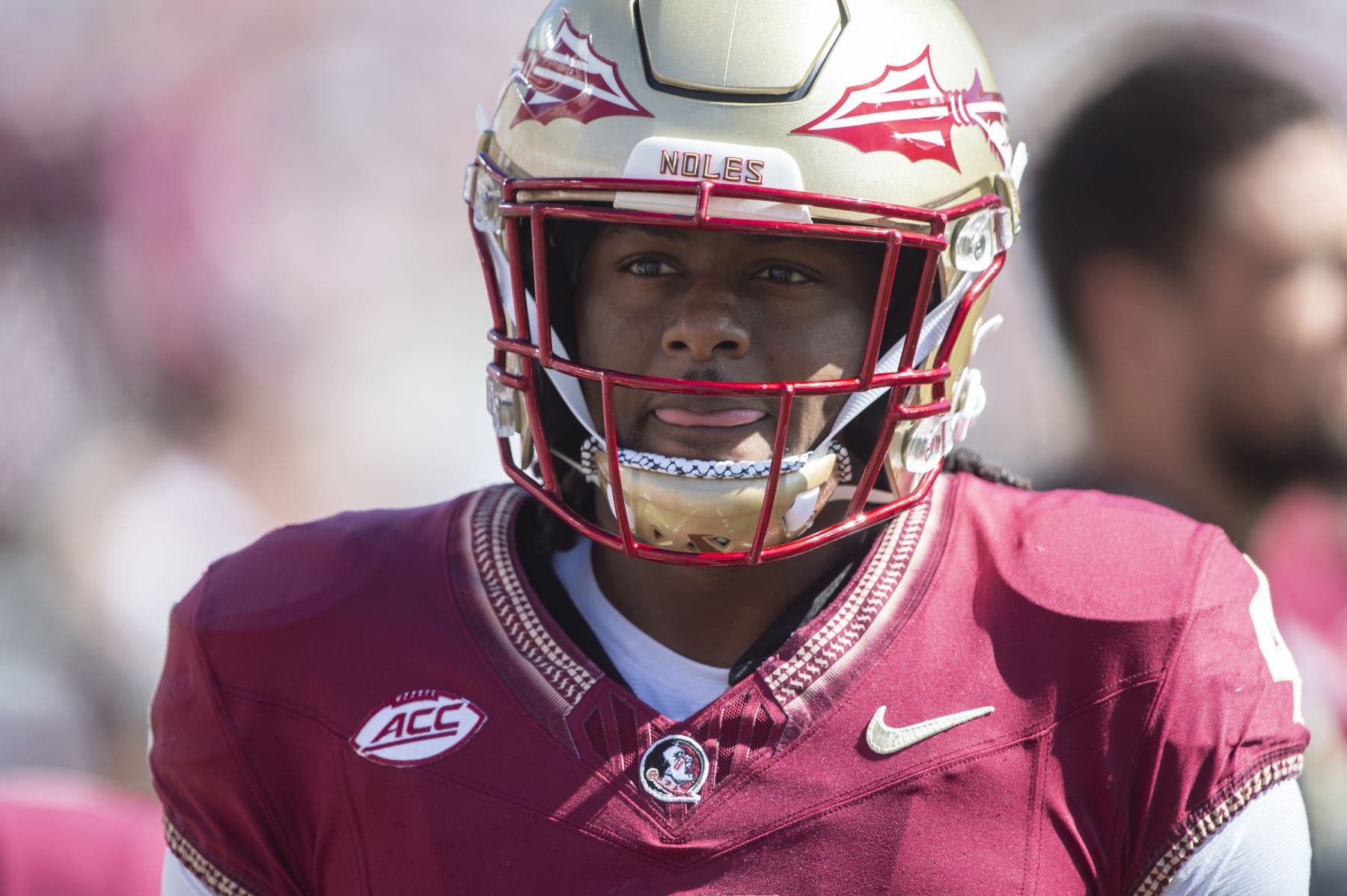 TALLAHASSEE, FLORIDA - OCTOBER 07: Wide receiver Keon Coleman #4 of the Florida State Seminoles prior to their game against the Virginia Tech Hokies at Doak Campbell Stadium on October 07, 2023 in Tallahassee, Florida. (Photo by Michael Chang/Getty Images)
