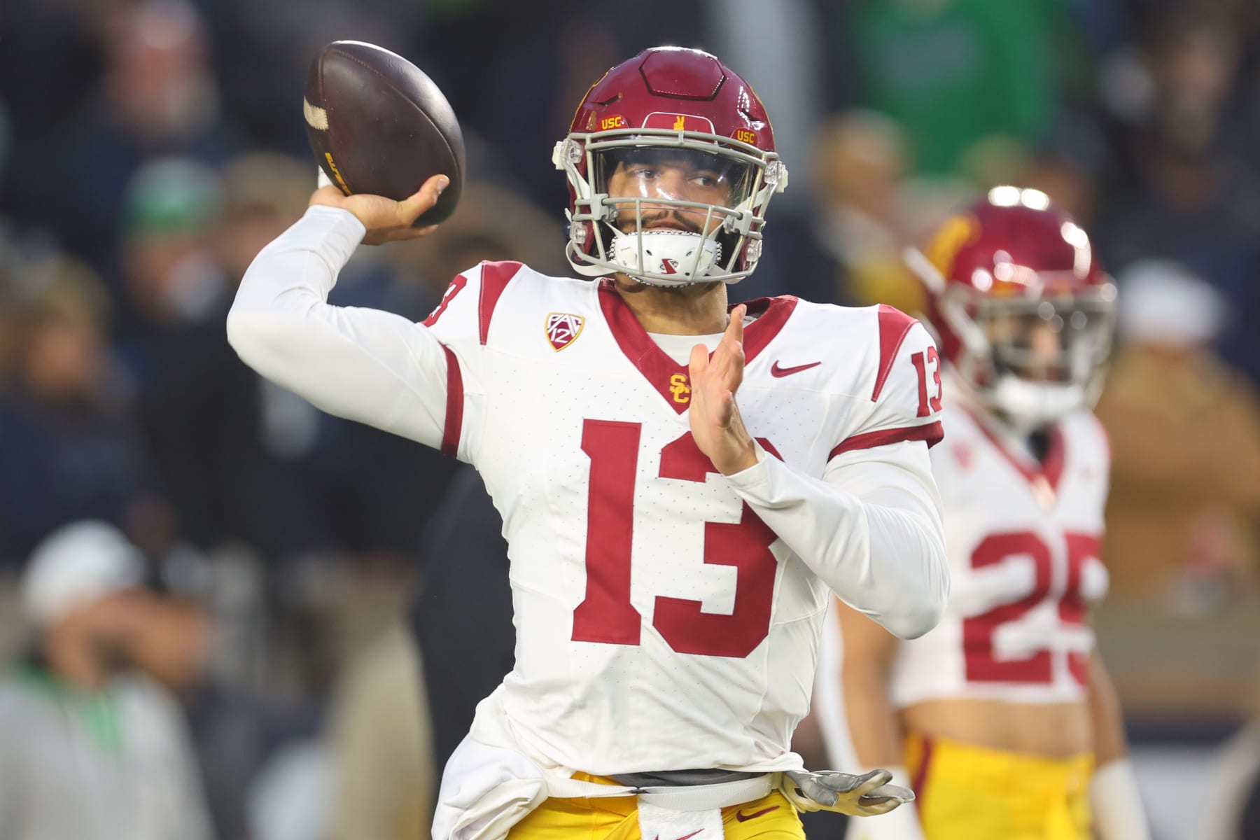 SOUTH BEND, INDIANA - OCTOBER 14: Caleb Williams #13 of the USC Trojans warms up prior to the game against the Notre Dame Fighting Irish at Notre Dame Stadium on October 14, 2023 in South Bend, Indiana. (Photo by Michael Reaves/Getty Images)