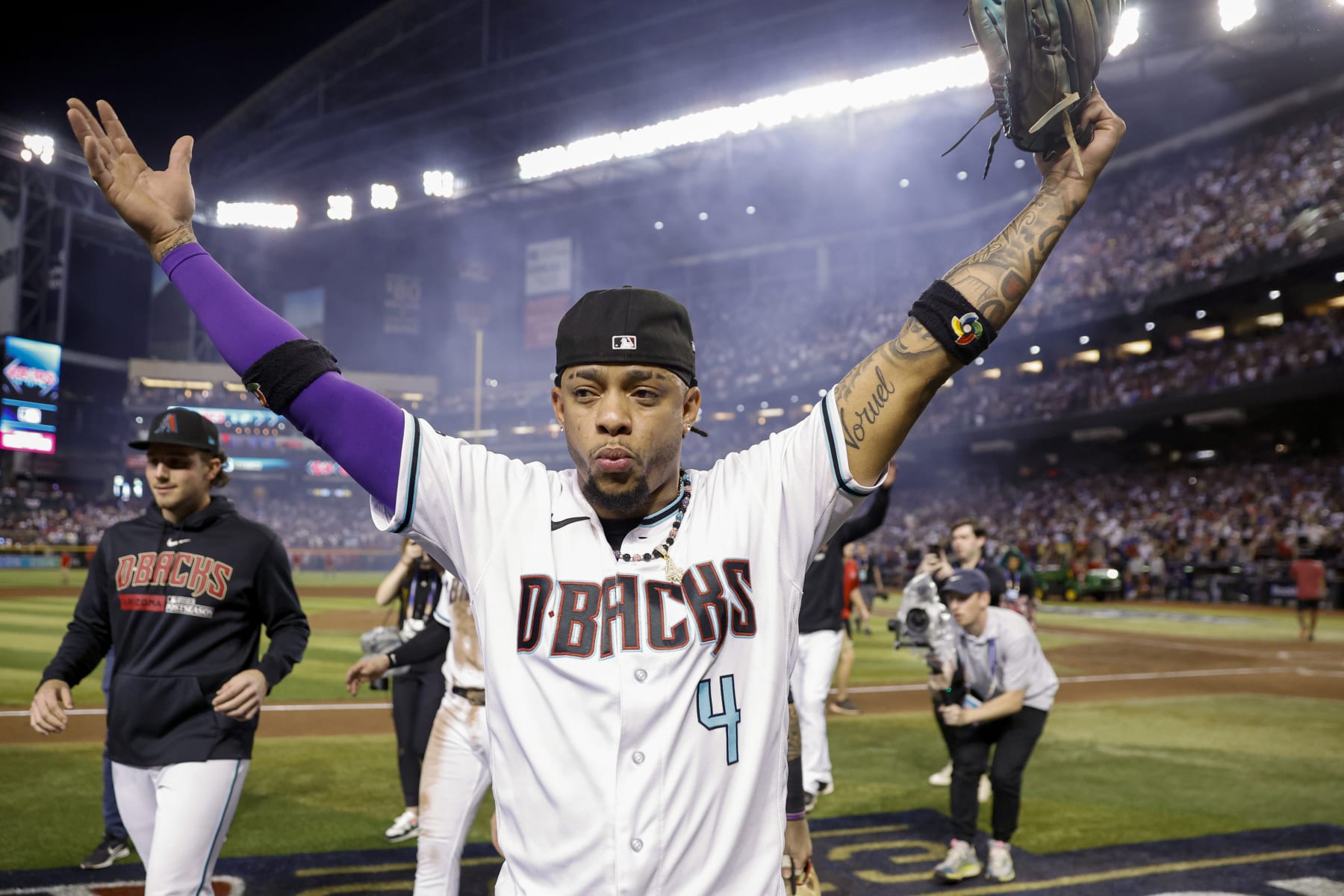 PHOENIX, AZ - OCTOBER 11: Ketel Marte #4 of the Arizona Diamondbacks celebrates after winning against the Los Angeles Dodgers during Game 3 of the Division Series at Chase Field on Wednesday, October 11, 2023 in Phoenix, Arizona. The Arizona Diamondbacks won 4-2. (Photo by Chris Coduto/MLB Photos via Getty Images)