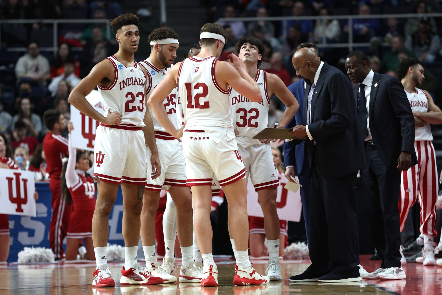 ALBANY, NEW YORK - MARCH 17: Head coach Mike Woodson of the Indiana Hoosiers speaks to his team in the first half against the Kent State Golden Flashes during the first round of the NCAA Men's Basketball Tournament at MVP Arena on March 17, 2023 in Albany, New York. (Photo by Rob Carr/Getty Images)
