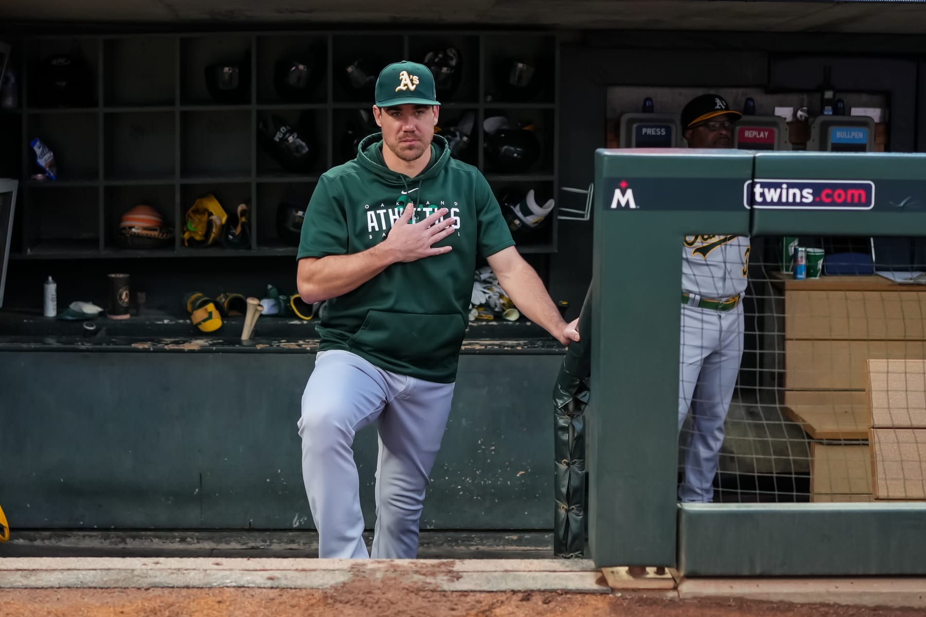 MINNEAPOLIS, MN - SEPTEMBER 26: Trevor May #65 of the Oakland Athletics looks on and is acknowledged by fans prior to the game against the Minnesota Twins on September 26, 2023 at Target Field in Minneapolis, Minnesota. (Photo by Brace Hemmelgarn/Minnesota Twins/Getty Images)