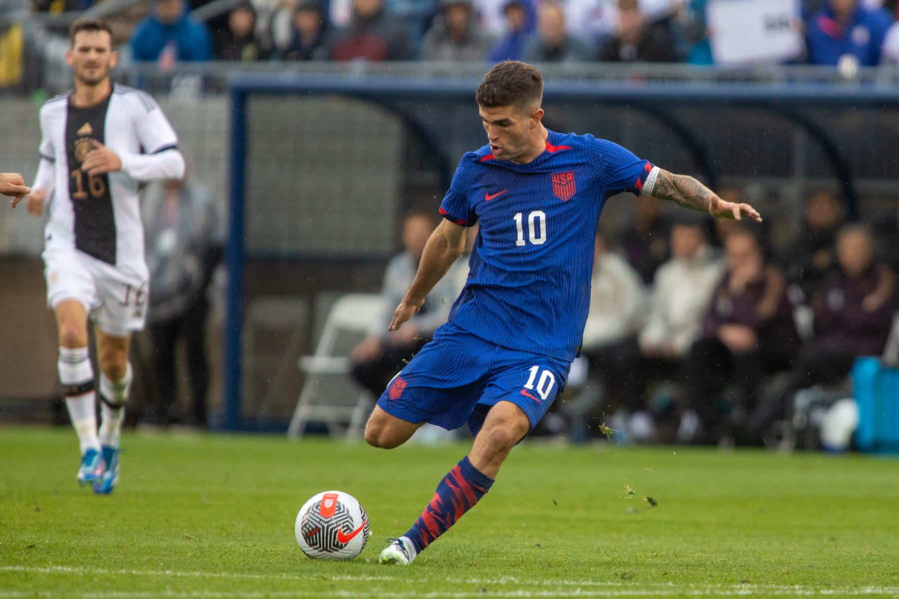 EAST HARTFORD, CT - OCTOBER 14: Christian Pulisic #10 of the United States takes a shot during a game between Germany and USMNT at Pratt & Whitney Stadium at Rentschler Field on October 14, 2023 in East Hartford, Connecticut. (Photo by Doug Zimmerman/ISI Photos/Getty Images)
