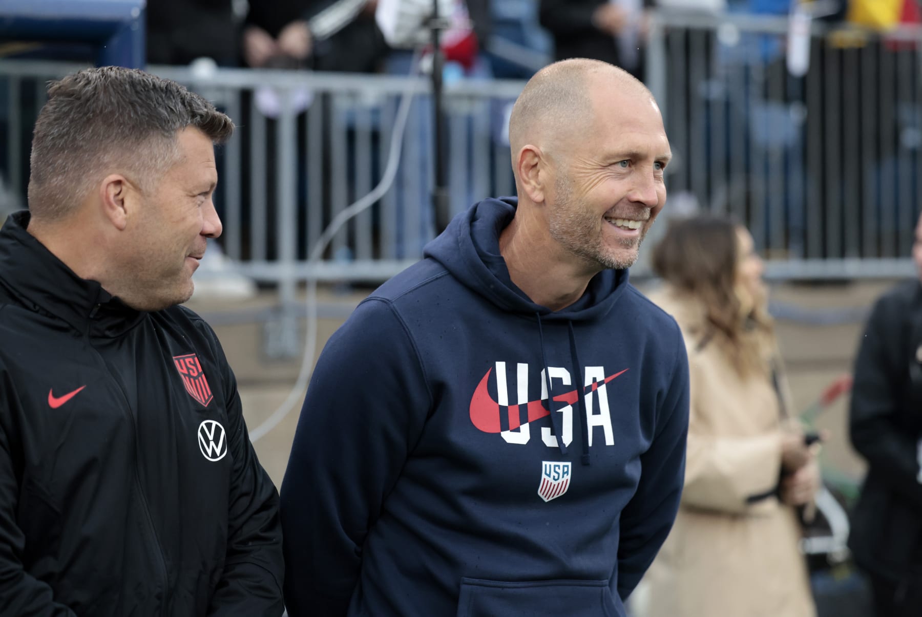 EAST HARTFORD, CT - OCTOBER 14: USMNT assistant coach B.J. Callaghan and Unites States head coach Gregg Berhalter before a match between the United Sates and Germany on October 14, 2023, at Pratt & Whitney Stadium in East Hartford, Connecticut. (Photo by Fred Kfoury III/Icon Sportswire via Getty Images)