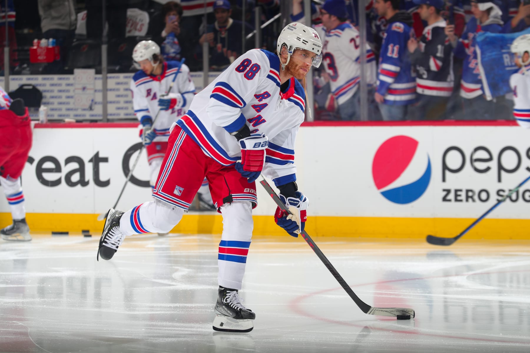 NEWARK, NJ - MAY 01: Patrick Kane #88 of the New York Rangers during warm ups prior to Game Seven of the First Round of the 2023 Stanley Cup Playoffs at the Prudential Center on May 1, 2023 in Newark, New Jersey. (Photo by Rich Graessle/NHLI via Getty Images)