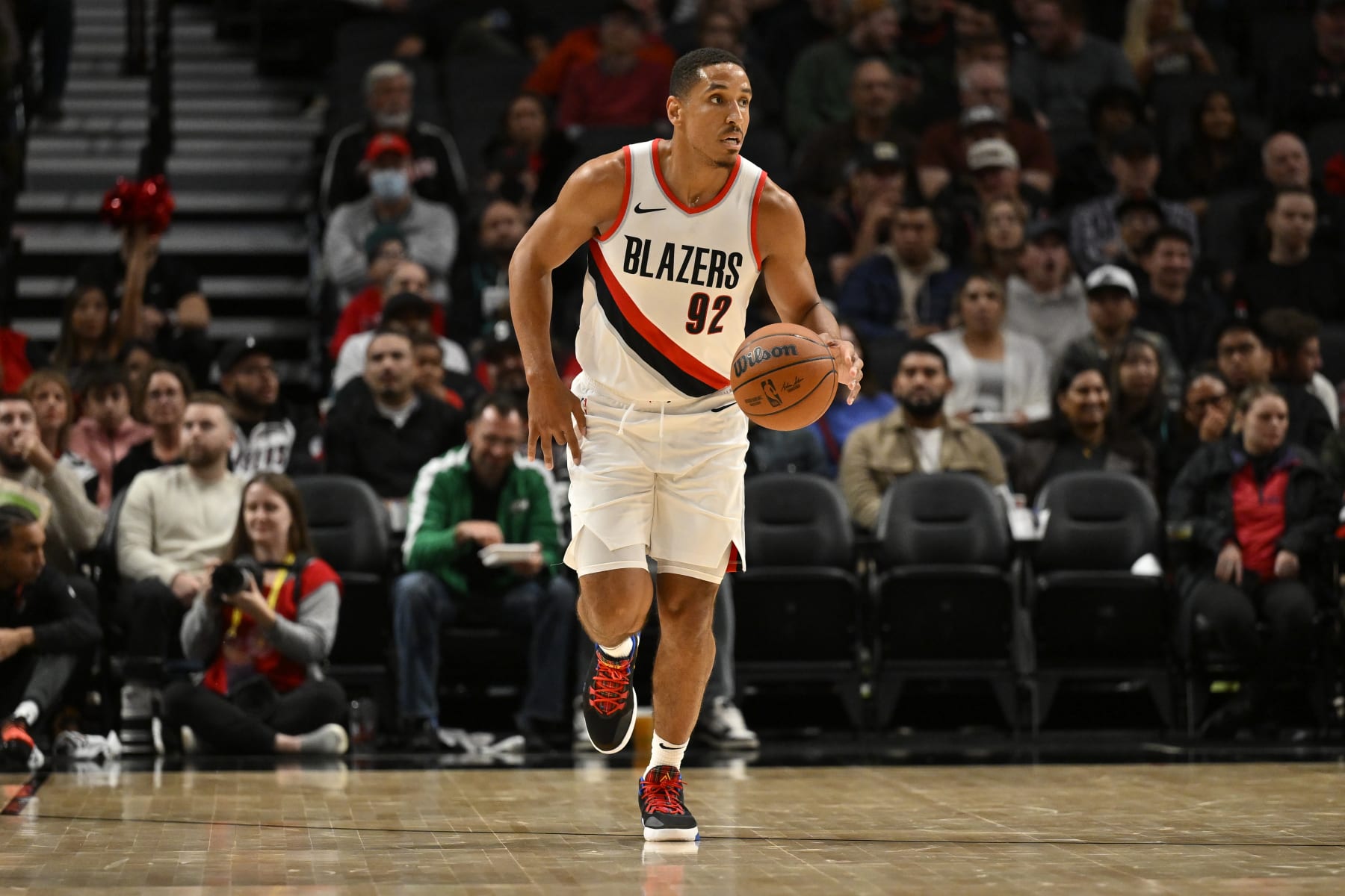 PORTLAND, OREGON - OCTOBER 10: Malcolm Brogdon #92 of the Portland Trail Blazers dribbles during the second quarter of the exhibition game against the New Zealand Breakers at Moda Center on October 10, 2023 in Portland, Oregon. The Portland Trail Blazers won 106-66. NOTE TO USER: User expressly acknowledges and agrees that, by downloading and or using this Photograph, user is consenting to the terms and conditions of the Getty Images License Agreement.  (Photo by Alika Jenner/Getty Images)