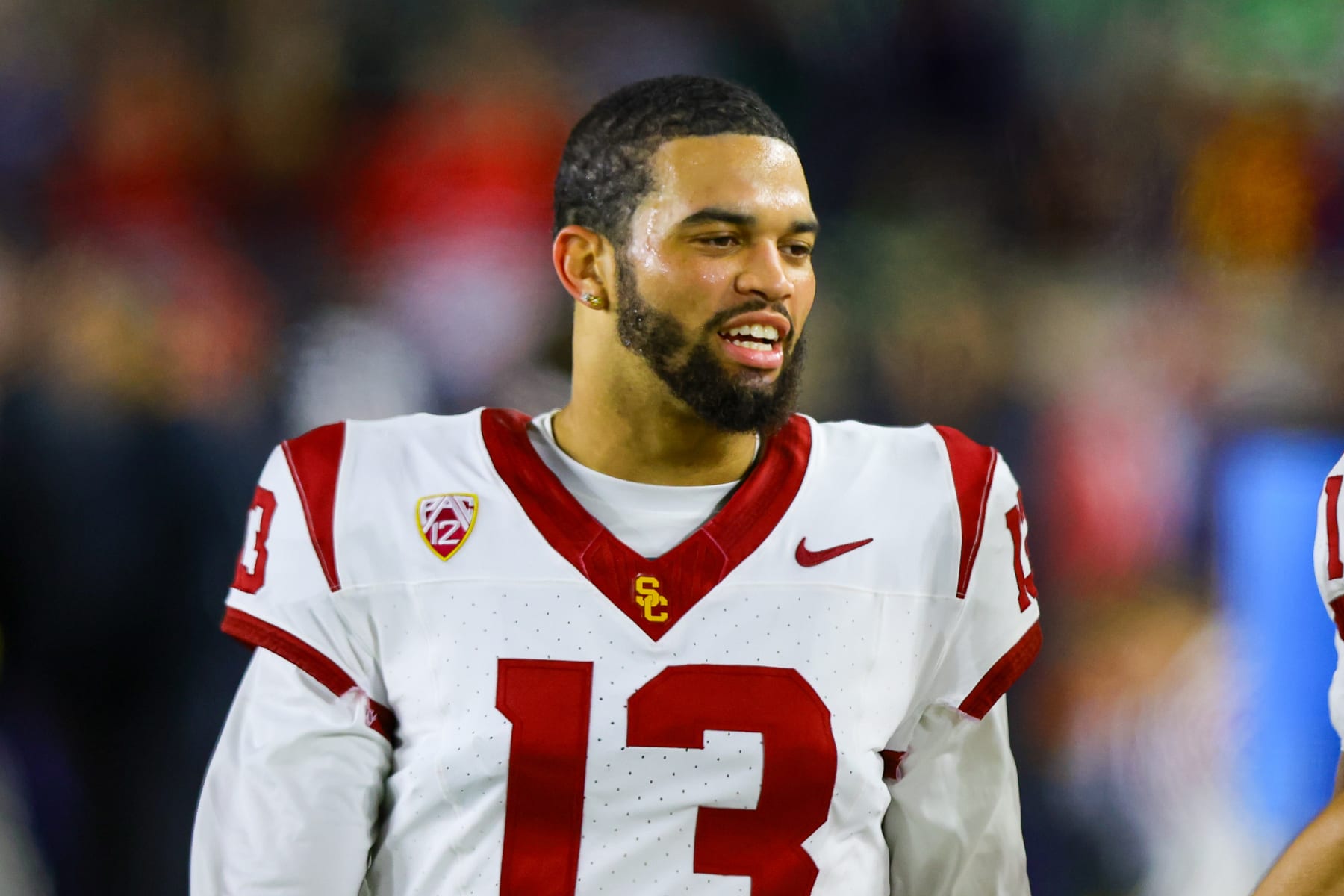 SOUTH BEND, IN - OCTOBER 14: USC Trojans quarterback Caleb Williams (13) on the sideline during the college football game between the USC Trojans  and Notre Dame Fighting Irish on October 14, 2023, at Notre Dame Stadium in South Bend, IN. (Photo by Jordon Kelly/Icon Sportswire via Getty Images)