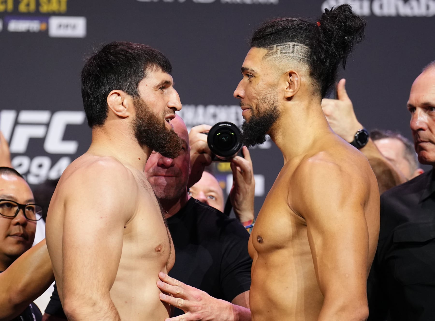ABU DHABI, UNITED ARAB EMIRATES - OCTOBER 20: (L-R) Opponents Magomed Ankalaev of Russia and Johnny Walker of Brazil face off during the UFC 294 ceremonial weigh-in at Etihad Arena on October 20, 2023 in Abu Dhabi, United Arab Emirates. (Photo by Chris Unger/Zuffa LLC via Getty Images)
