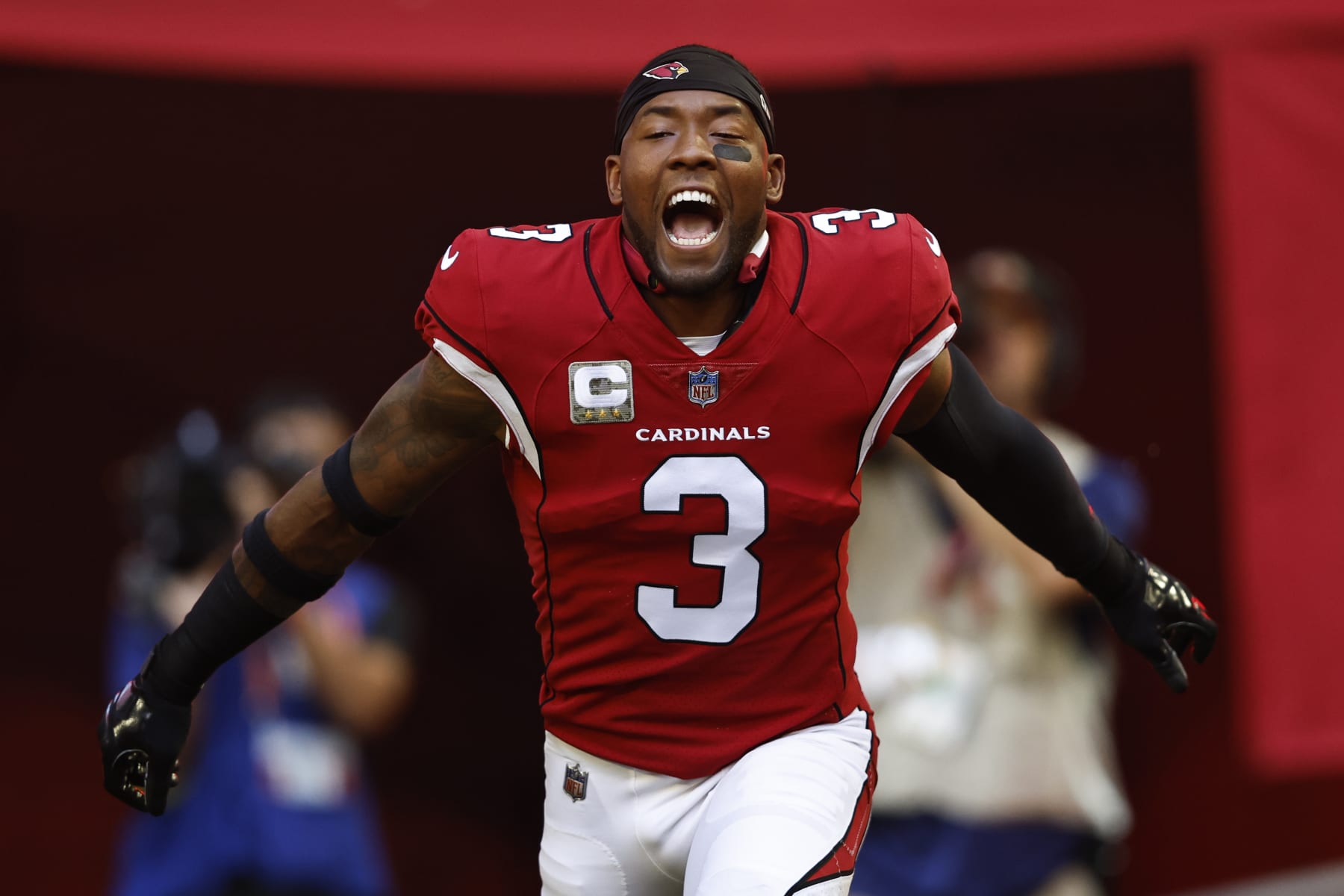 GLENDALE, ARIZONA - NOVEMBER 06: Budda Baker #3 of the Arizona Cardinals reacts as he takes the field prior to an NFL Football game between the Arizona Cardinals and the Seattle Seahawks at State Farm Stadium on November 06, 2022 in Glendale, Arizona. (Photo by Michael Owens/Getty Images)
