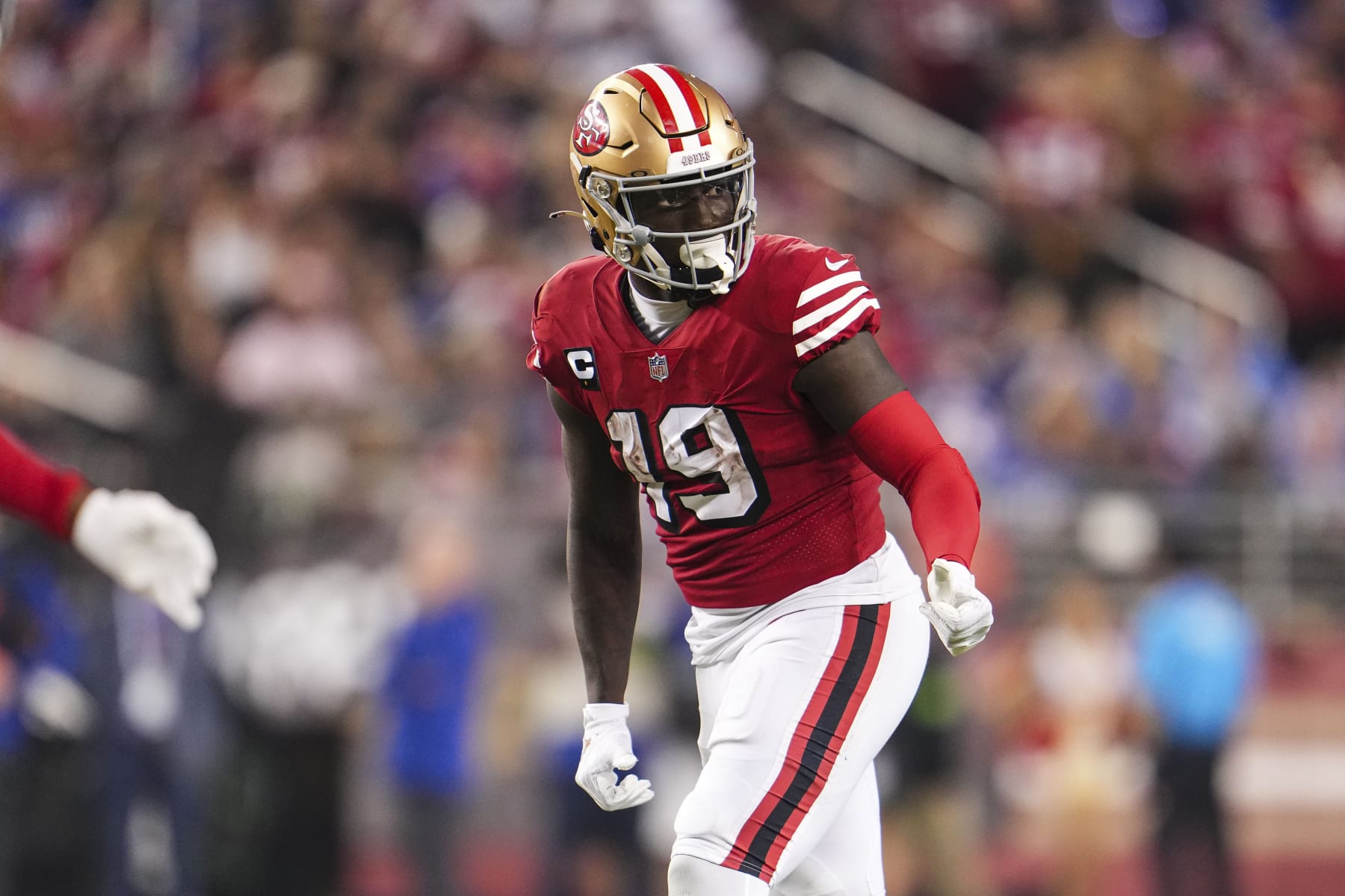 SANTA CLARA, CA - SEPTEMBER 21: Deebo Samuel #19 of the San Francisco 49ers lines up before a play at Levi's Stadium on September 21, 2023 in Santa Clara, California. (Photo by Cooper Neill/Getty Images)