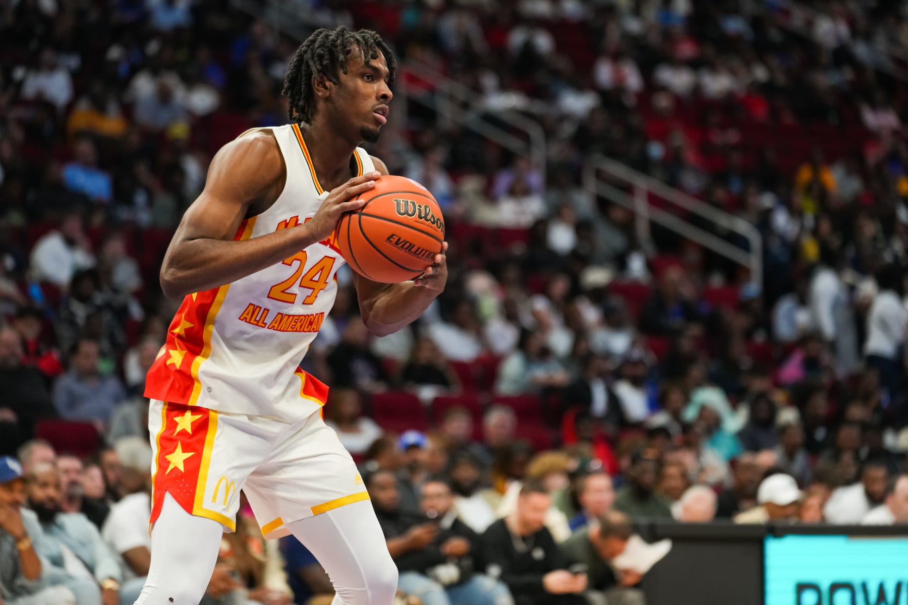 HOUSTON, TEXAS - MARCH 28: Mackenzie Mgbako #24 of the East team holds the ball during the 2023 McDonald's High School Boys All-American Game at Toyota Center on March 28, 2023 in Houston, Texas. (Photo by Alex Bierens de Haan/Getty Images)