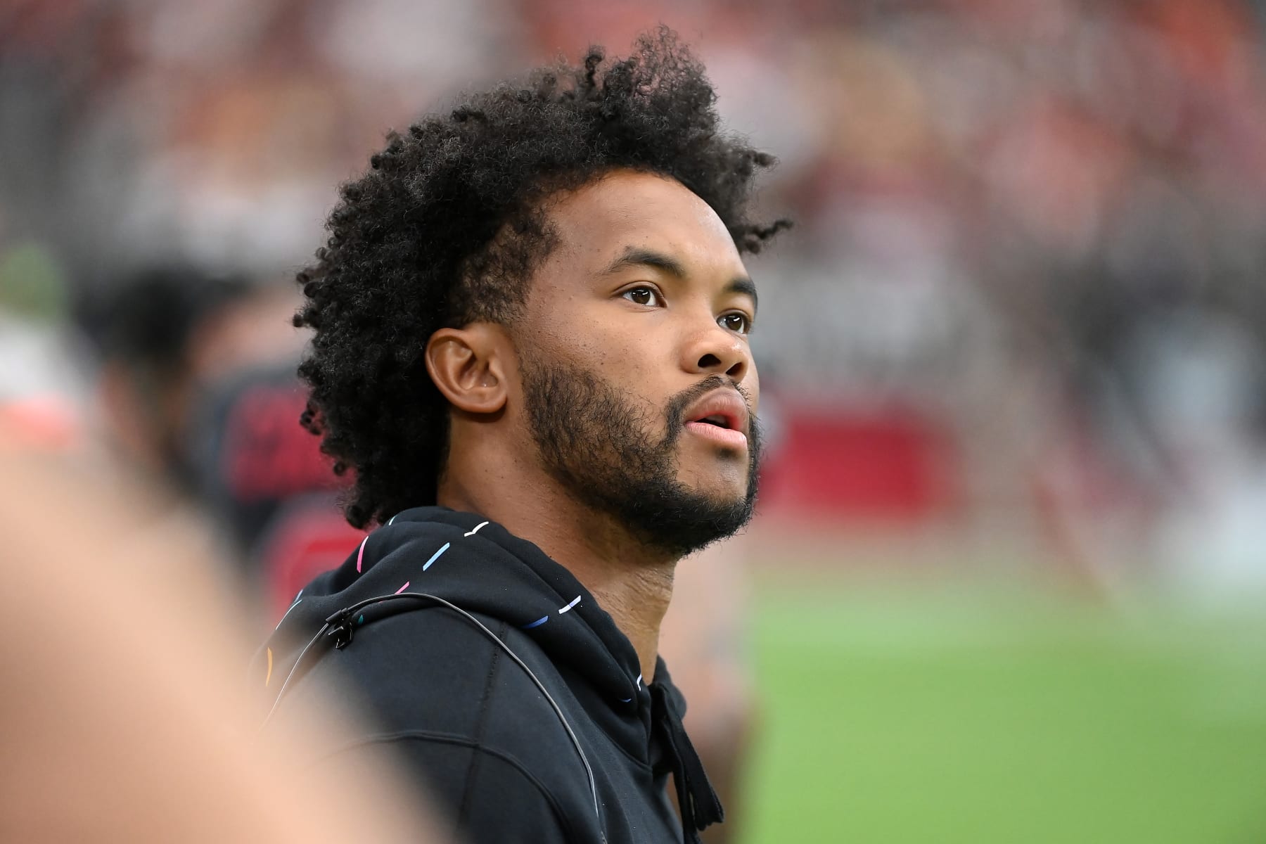 GLENDALE, ARIZONA - OCTOBER 08: Kyler Murray #1 of the Arizona Cardinals looks on from the sidelines during the first quarter against the Cincinnati Bengals at State Farm Stadium on October 08, 2023 in Glendale, Arizona. (Photo by Norm Hall/Getty Images)