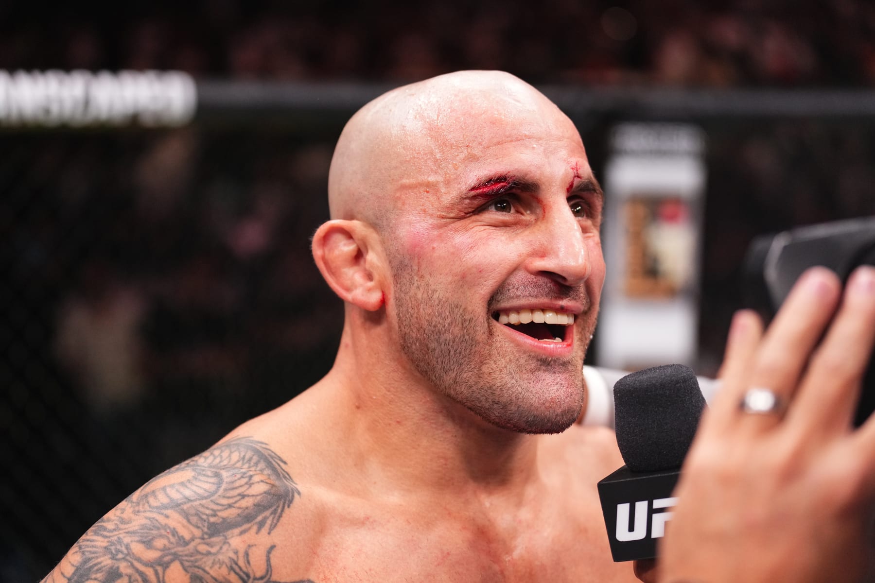 ABU DHABI, UNITED ARAB EMIRATES - OCTOBER 21: Alexander Volkanovski of Australia reacts after his TKO loss against Islam Makhachev of Russia in the UFC lightweight championship fight during the UFC 294 event at Etihad Arena on October 21, 2023 in Abu Dhabi, United Arab Emirates. (Photo by Chris Unger/Zuffa LLC via Getty Images)