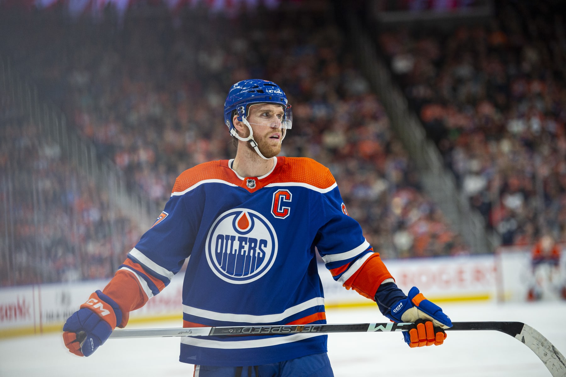 EDMONTON, ALBERTA - OCTOBER 21: Connor McDavid #97 of the Edmonton Oilers looks on during the third period against the Winnipeg Jets at Rogers Place on October 21, 2023 in Edmonton, Alberta, Canada (Photo by Paul Swanson/NHLI via Getty Images)