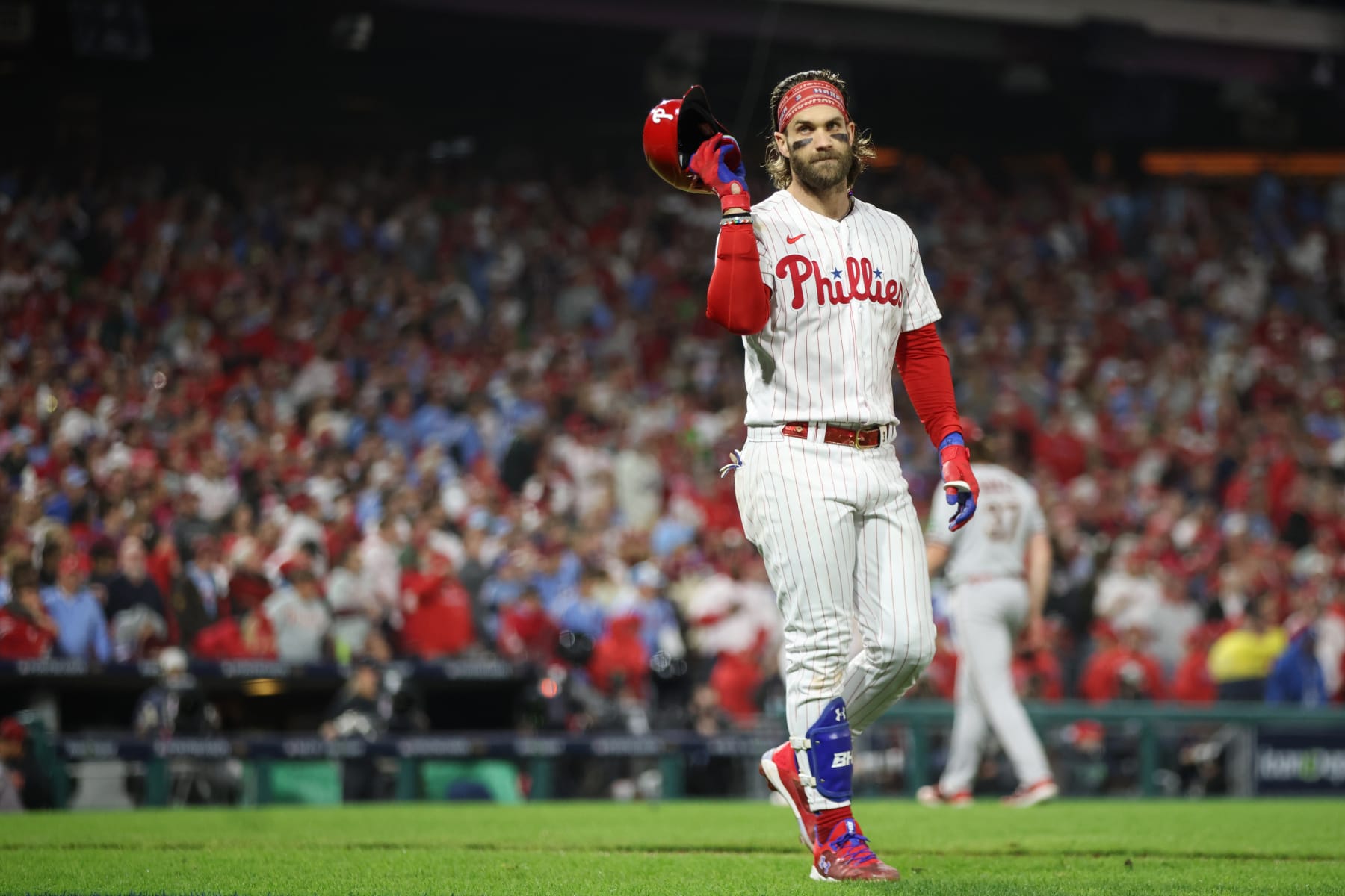 PHILADELPHIA, PA - OCTOBER 24: Bryce Harper #3 of the Philadelphia Phillies reacts to flying out in the seventh inning during Game 7 of the NLCS between the Arizona Diamondbacks and the Philadelphia Phillies at Citizens Bank Park on Tuesday, October 24, 2023 in Philadelphia, Pennsylvania. (Photo by Rob Tringali/MLB Photos via Getty Images)