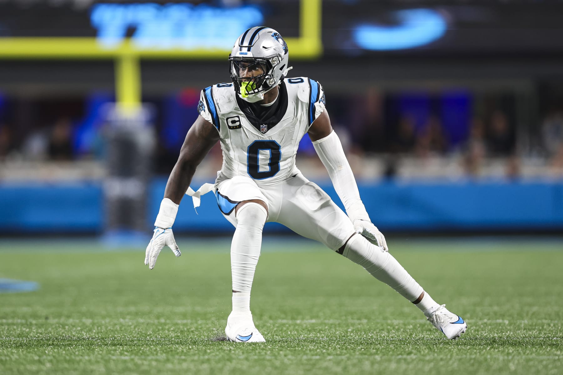 CHARLOTTE, NC - SEPTEMBER 18: Brian Burns #0 of the Carolina Panthers defends in coverage during an NFL football game against the New Orleans Saints at Bank of America Stadium on September 18, 2023 in Charlotte, North Carolina. (Photo by Perry Knotts/Getty Images)