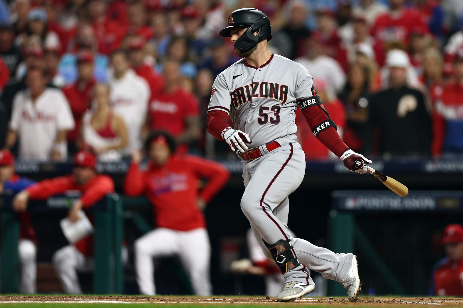 PHILADELPHIA, PENNSYLVANIA - OCTOBER 24: Christian Walker #53 of the Arizona Diamondbacks hits an RBI single against the Philadelphia Phillies during the first inning in Game Seven of the Championship Series at Citizens Bank Park on October 24, 2023 in Philadelphia, Pennsylvania. (Photo by Elsa/Getty Images)