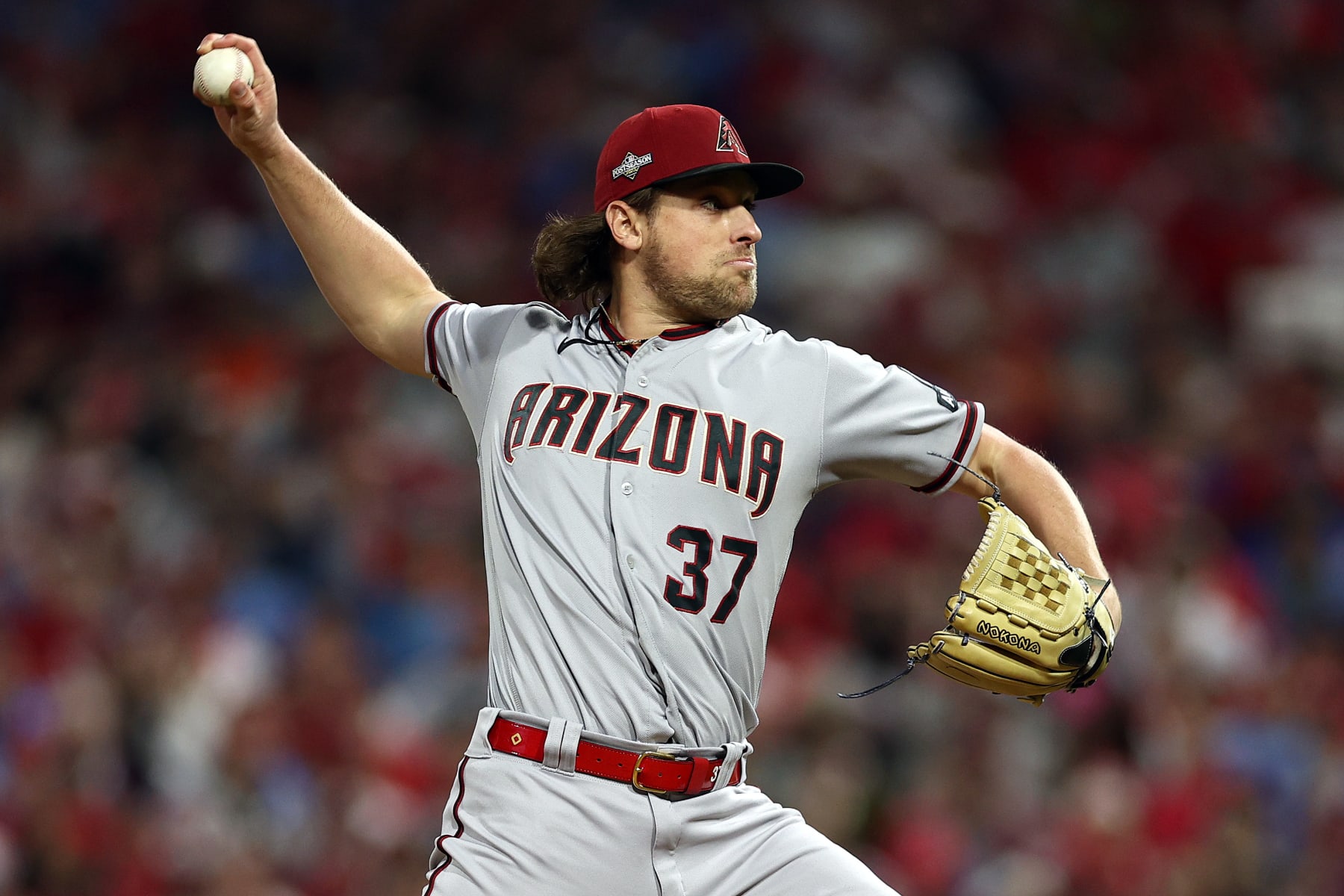 PHILADELPHIA, PENNSYLVANIA - OCTOBER 24: Kevin Ginkel #37 of the Arizona Diamondbacks pitches against the Philadelphia Phillies during the seventh inning in Game Seven of the Championship Series at Citizens Bank Park on October 24, 2023 in Philadelphia, Pennsylvania. (Photo by Elsa/Getty Images)