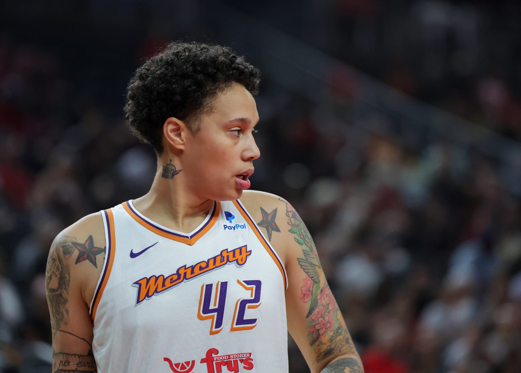 LAS VEGAS, NEVADA - SEPTEMBER 10: Brittney Griner #42 of the Phoenix Mercury walks on the court during a break in the first quarter of a game against the Las Vegas Aces at T-Mobile Arena on September 10, 2023 in Las Vegas, Nevada. The Aces defeated the Mercury 100-85. NOTE TO USER: User expressly acknowledges and agrees that, by downloading and or using this photograph, User is consenting to the terms and conditions of the Getty Images License Agreement. (Photo by Ethan Miller/Getty Images)