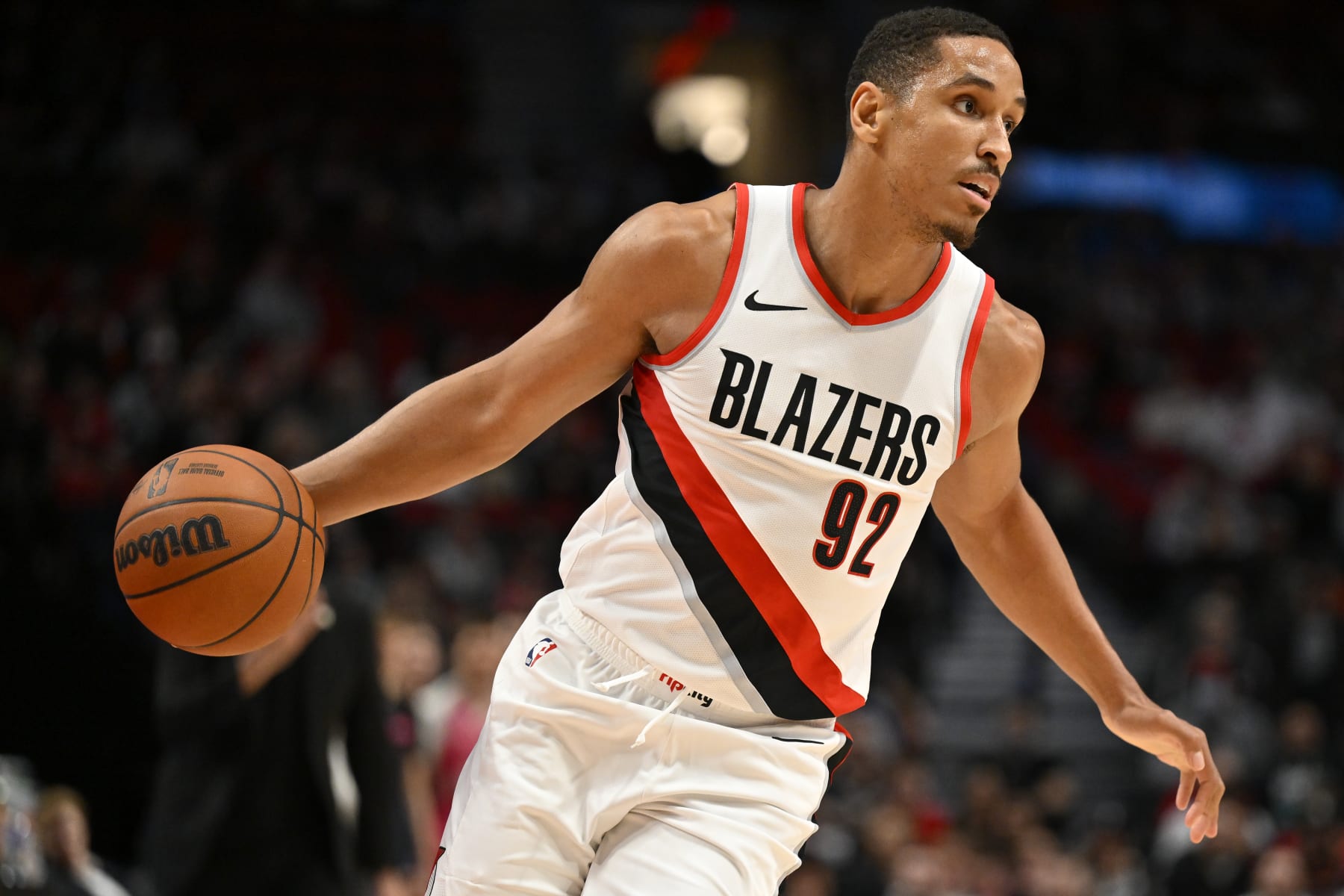 PORTLAND, OREGON - OCTOBER 10: Malcolm Brogdon #92 of the Portland Trail Blazers in action during the second quarter of the exhibition game against the New Zealand Breakers at Moda Center on October 10, 2023 in Portland, Oregon. The Portland Trail Blazers won 106-66. NOTE TO USER: User expressly acknowledges and agrees that, by downloading and or using this Photograph, user is consenting to the terms and conditions of the Getty Images License Agreement.  (Photo by Alika Jenner/Getty Images)