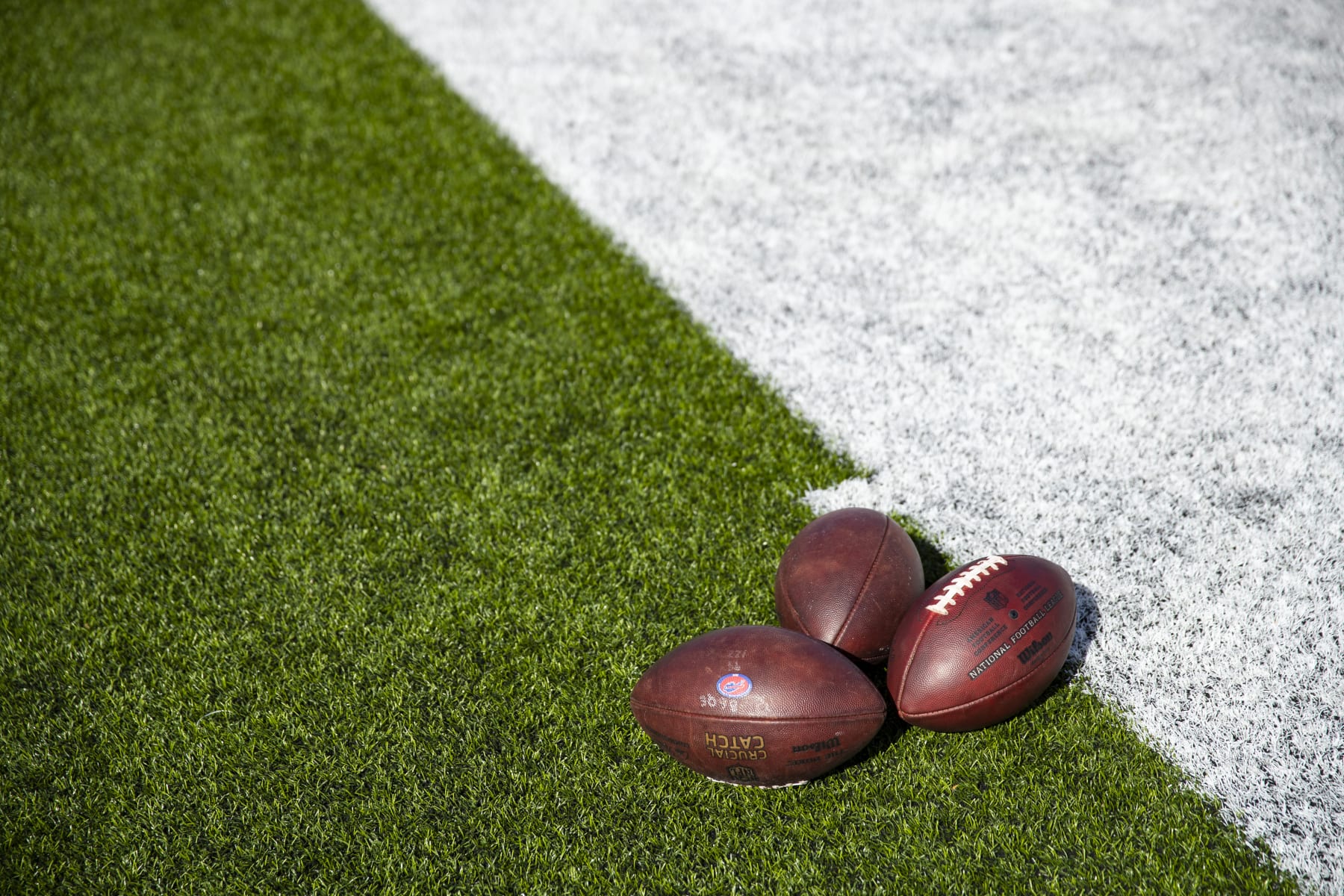 ORCHARD PARK, NY - OCTOBER 20: Detail view of NFL footballs on the sideline before the game between the Buffalo Bills and the Miami Dolphins at New Era Field on October 20, 2019 in Orchard Park, New York. Buffalo defeats Miami 31-21. (Photo by Brett Carlsen/Getty Images)