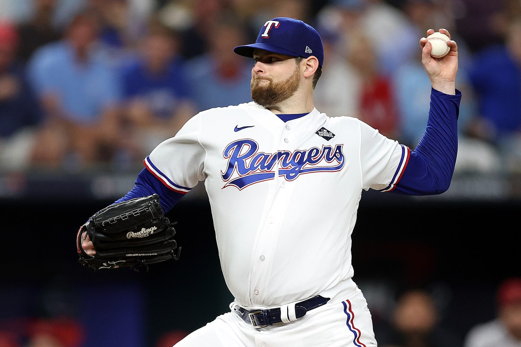 ARLINGTON, TEXAS - OCTOBER 28: Jordan Montgomery #52 of the Texas Rangers pitches in the first inning against the Arizona Diamondbacks during Game Two of the World Series at Globe Life Field on October 28, 2023 in Arlington, Texas. (Photo by Jamie Squire/Getty Images)