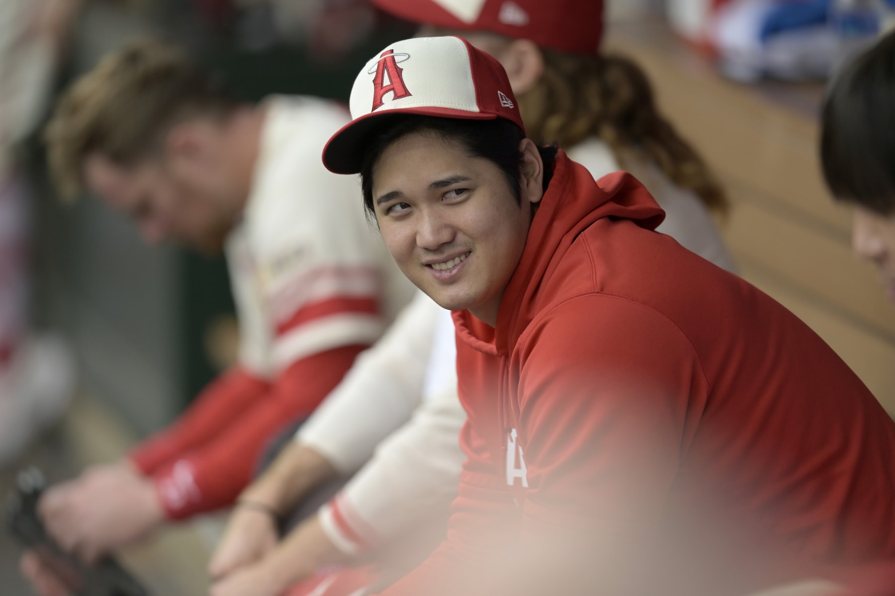 ANAHEIM, CALIFORNIA - SEPTEMBER 17: Shohei Ohtani #17 of the Los Angeles Angels in the dugout while playing the Detroit Tigers at Angel Stadium of Anaheim on September 17, 2023 in Anaheim, California. (Photo by John McCoy/Getty Images)