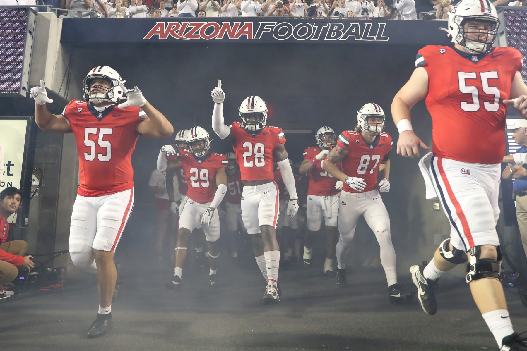TUCSON, AZ - OCTOBER 28: Arizona Wildcats running back Nazar Bombata #28 enters the field at the beginning of a football game between the Oregon State Beavers and the University of Arizona Wildcats on October 28, 2023 at Arizona Stadium in Tucson, AZ. (Photo by Christopher Hook/Icon Sportswire via Getty Images)