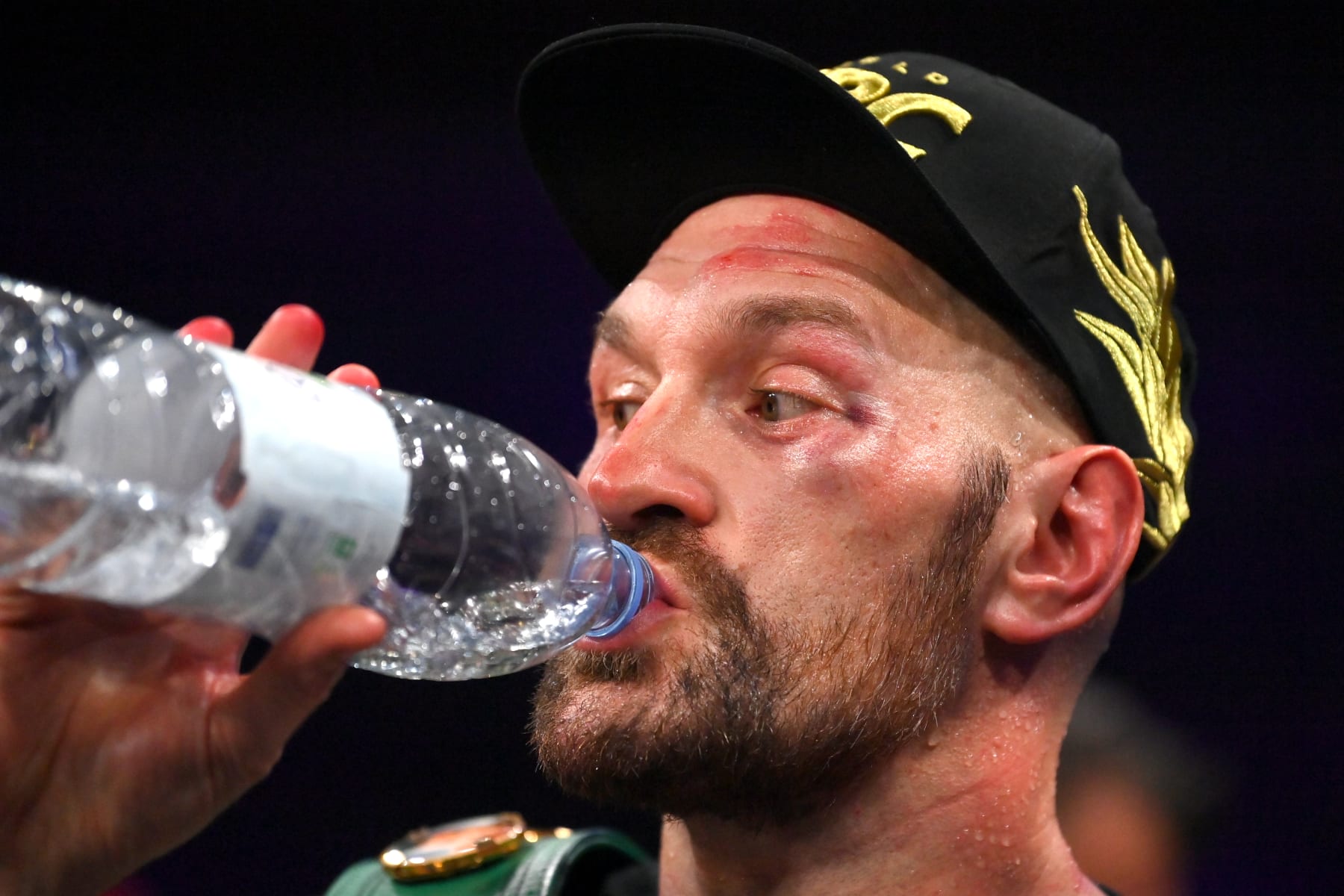 RIYADH, SAUDI ARABIA - OCTOBER 28: Tyson Fury drinks water after his fight with Francis Ngannou after the Heavyweight fight between Tyson Fury and Francis Ngannou at Boulevard Hall on October 28, 2023 in Riyadh, Saudi Arabia. (Photo by Justin Setterfield/Getty Images)