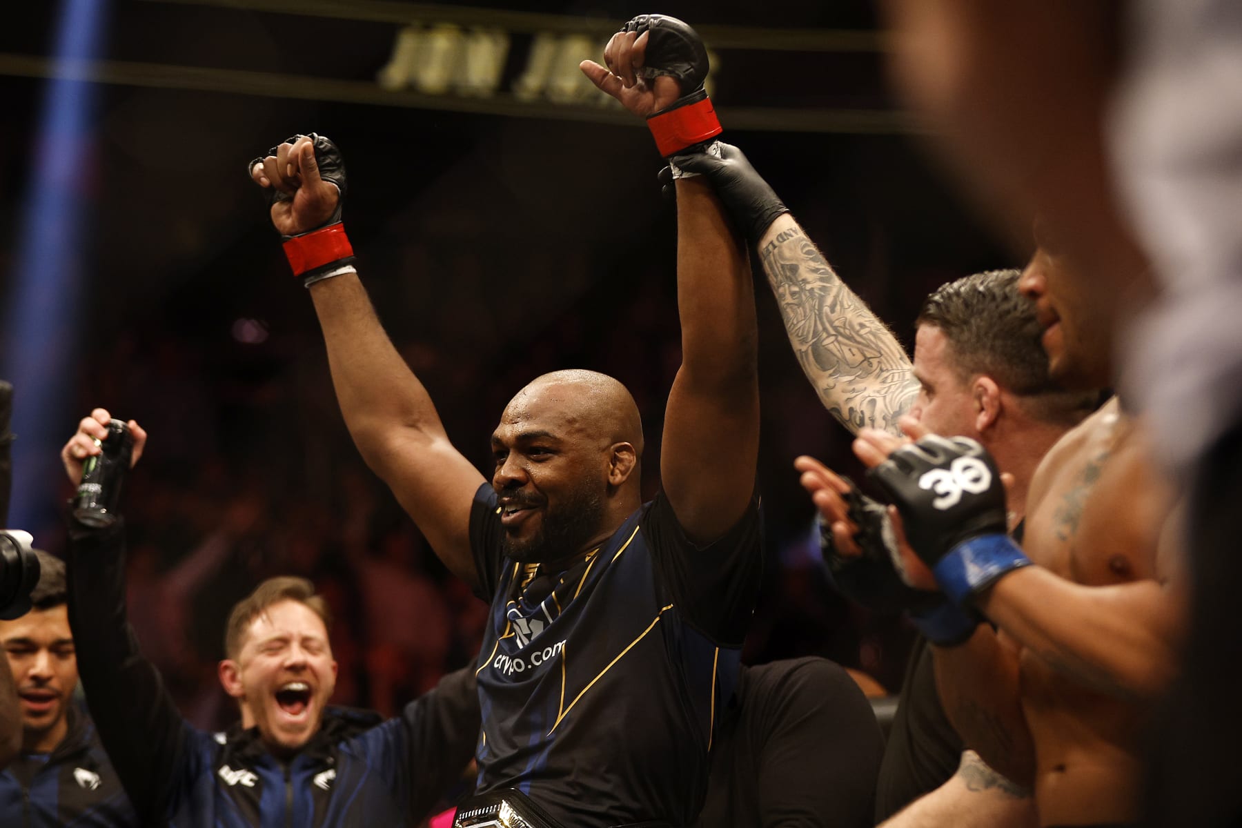 LAS VEGAS, NEVADA - MARCH 04: Jon Jones celebrates after winning during the UFC heavyweight championship fight against Ciryl Gane of France during the UFC 285 event at T-Mobile Arena on March 04, 2023 in Las Vegas, Nevada. (Photo by Chris Graythen/Getty Images)