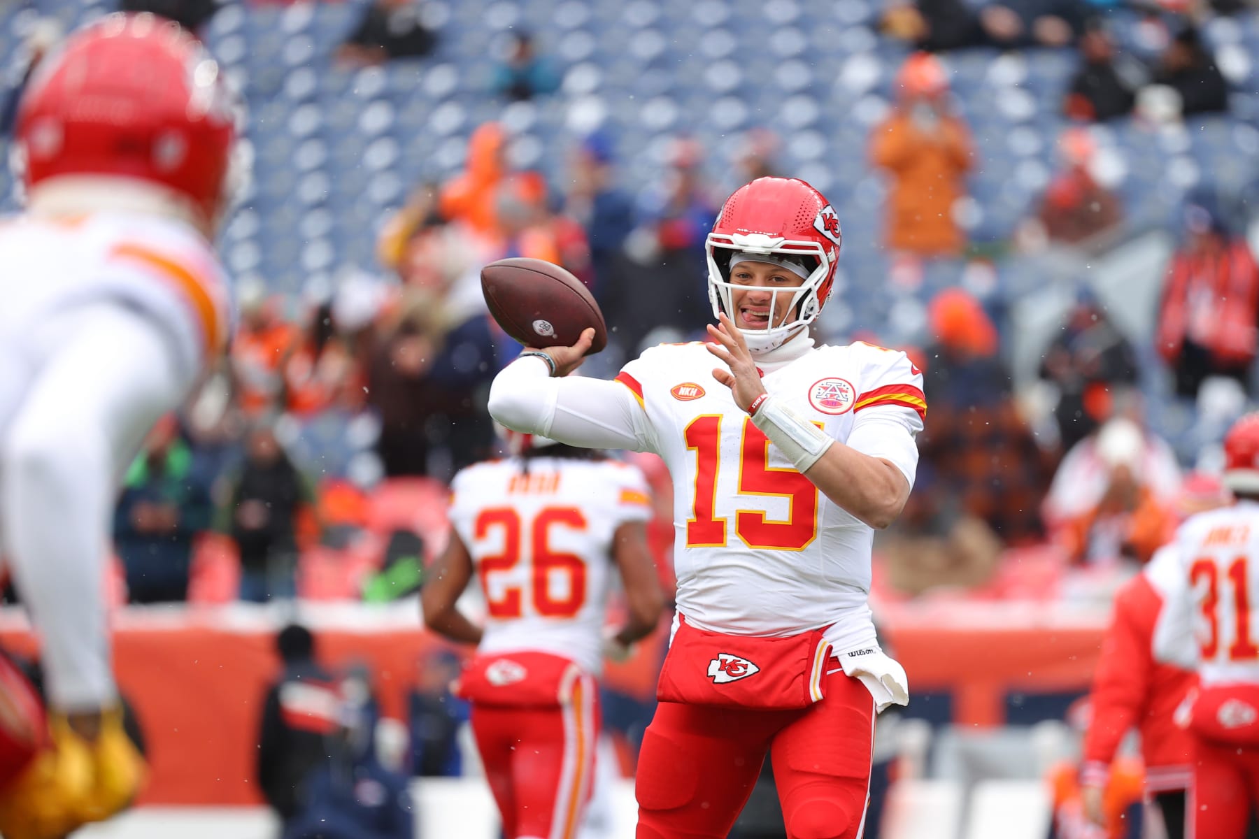 DENVER, COLORADO - OCTOBER 29: Patrick Mahomes #15 of the Kansas City Chiefs warms up prior to a game against the Denver Broncos at Empower Field At Mile High on October 29, 2023 in Denver, Colorado. (Photo by Justin Tafoya/Getty Images) DENVER, COLORADO - OCTOBER 29: Patrick Mahomes #15 of the Kansas City Chiefs warms up prior to a game against the Denver Broncos at Empower Field At Mile High on October 29, 2023 in Denver, Colorado. (Photo by Justin Tafoya/Getty Images)