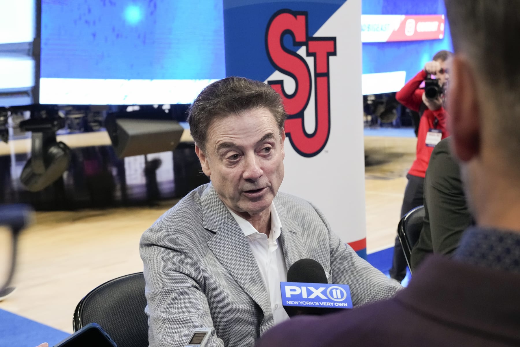 NEW YORK, NY - OCTOBER 24:  St. Johns Red Storm head coach Rick Pitino talks with reporters during Big East basketball media day at Madison Square Garden on October 24, 2023 in New York City. (Photo by Porter Binks/Getty Images)