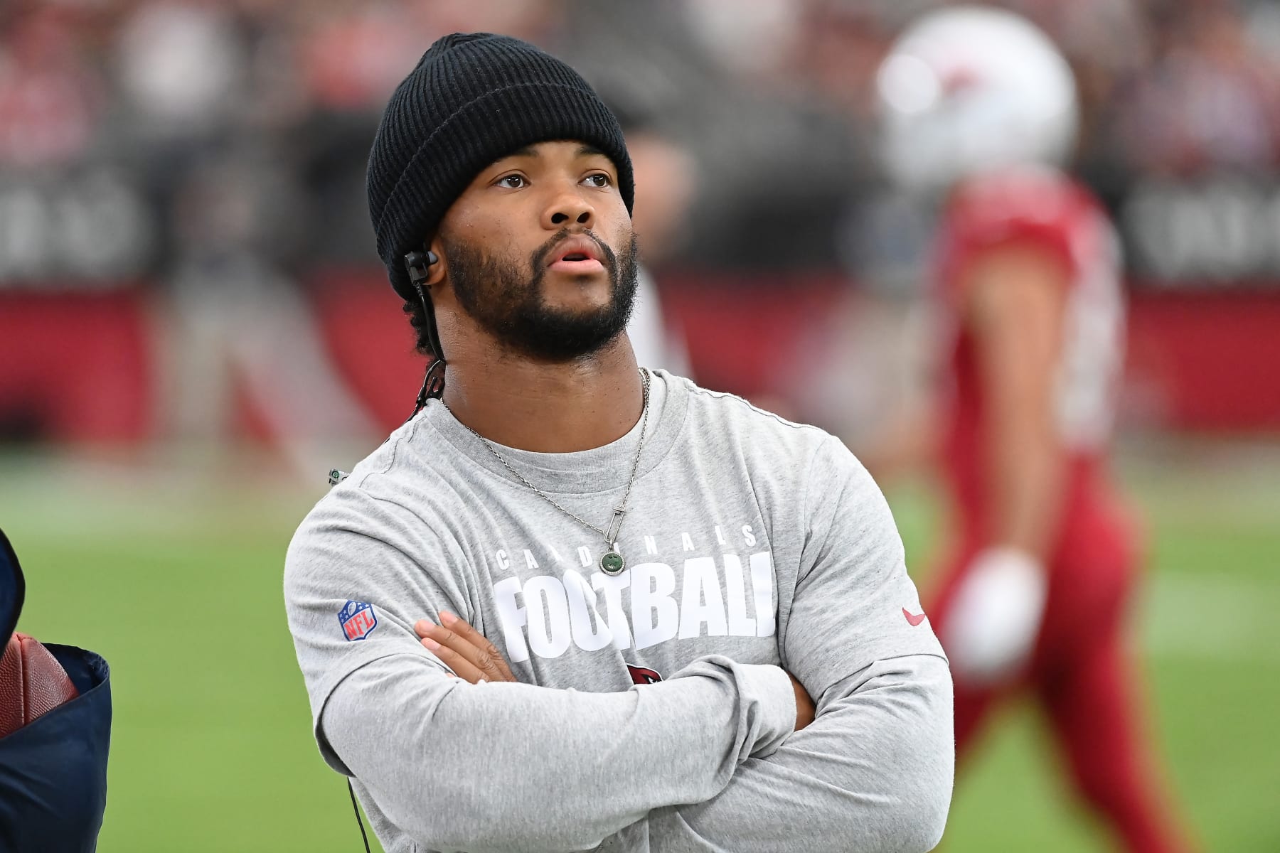 GLENDALE, ARIZONA - OCTOBER 29: Kyler Murray #1 of the Arizona Cardinals looks on from the sideline during the second quarter against the Baltimore Ravens at State Farm Stadium on October 29, 2023 in Glendale, Arizona. (Photo by Norm Hall/Getty Images)