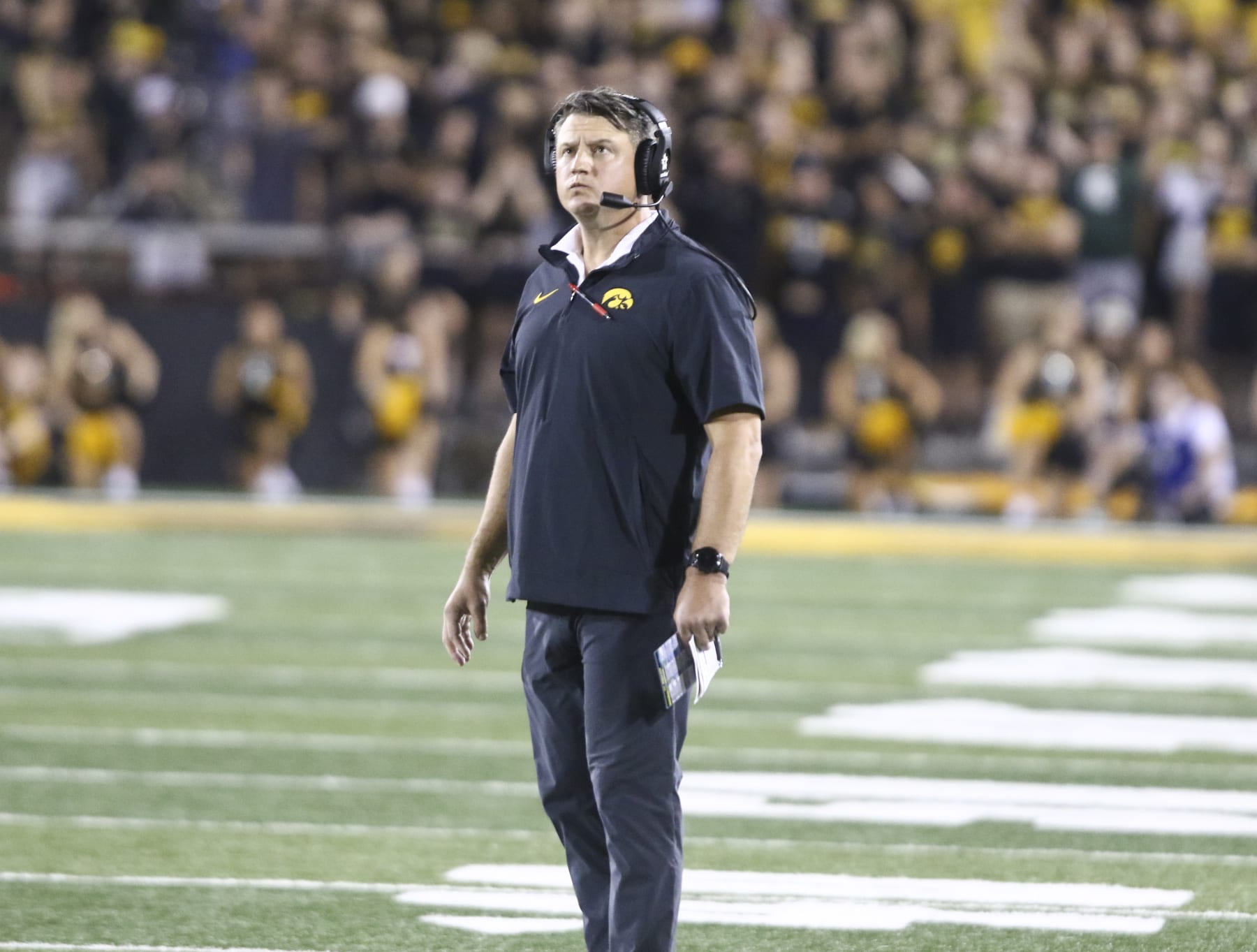 IOWA CITY, IOWA- SEPTEMBER 30:  Offensive coordinator Brian Ferentz of the Iowa Hawkeyes during the second half against the Michigan State Spartans at Kinnick Stadium on September 30, 2023 in Iowa City, Iowa.  (Photo by Matthew Holst/Getty Images)