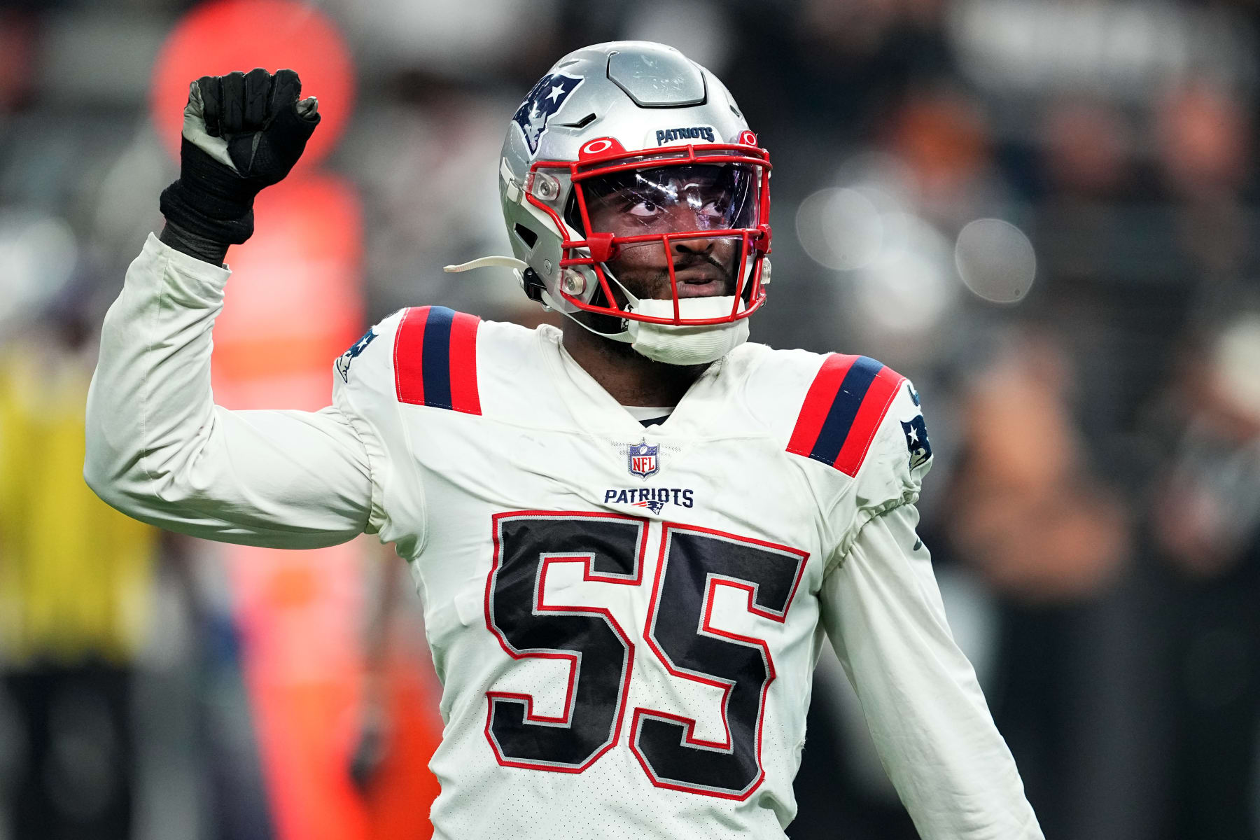 LAS VEGAS, NEVADA - DECEMBER 18: Josh Uche #55 of the New England Patriots reacts during the second half against the Las Vegas Raiders at Allegiant Stadium on December 18, 2022 in Las Vegas, Nevada. (Photo by Chris Unger/Getty Images)