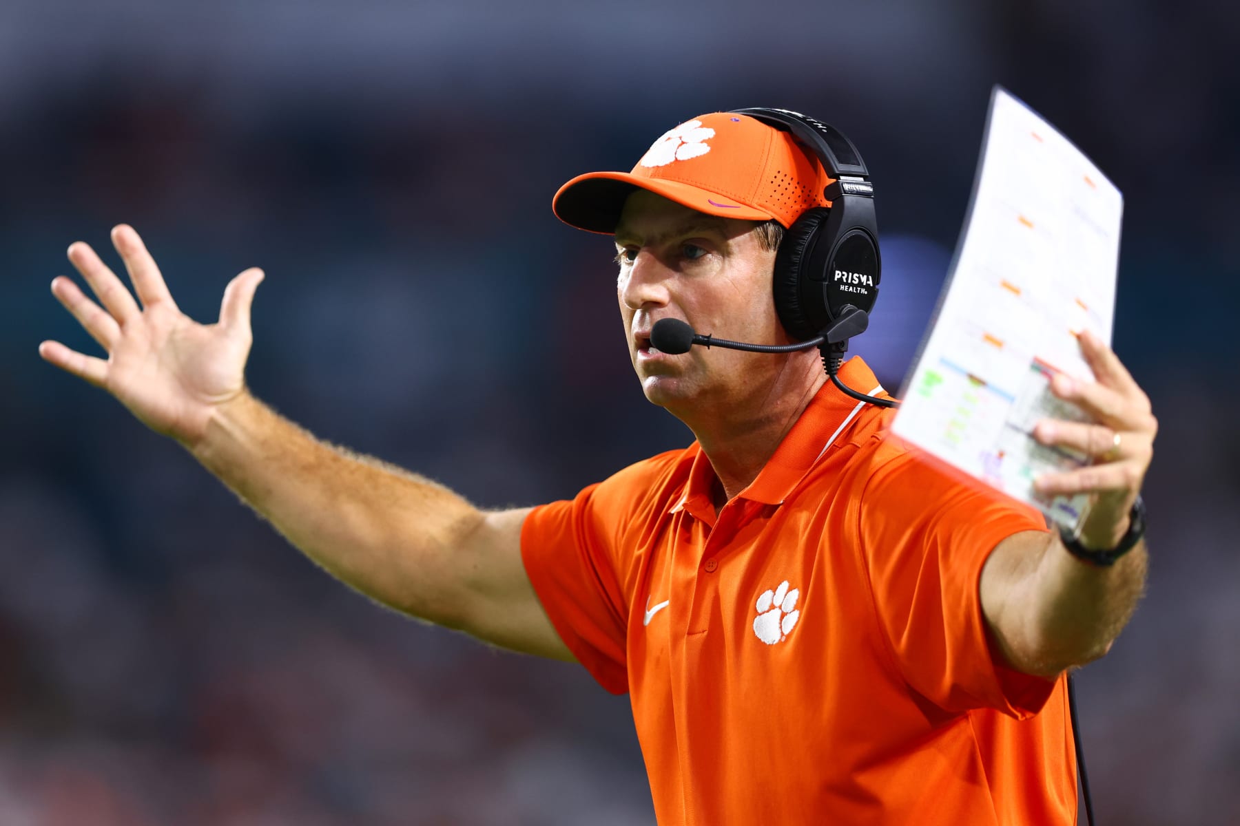 MIAMI GARDENS, FLORIDA - OCTOBER 21: Head coach Dabo Swinney of the Clemson Tigers reacts during the second quarter of the game against the Miami Hurricanes at Hard Rock Stadium on October 21, 2023 in Miami Gardens, Florida. (Photo by Megan Briggs/Getty Images)