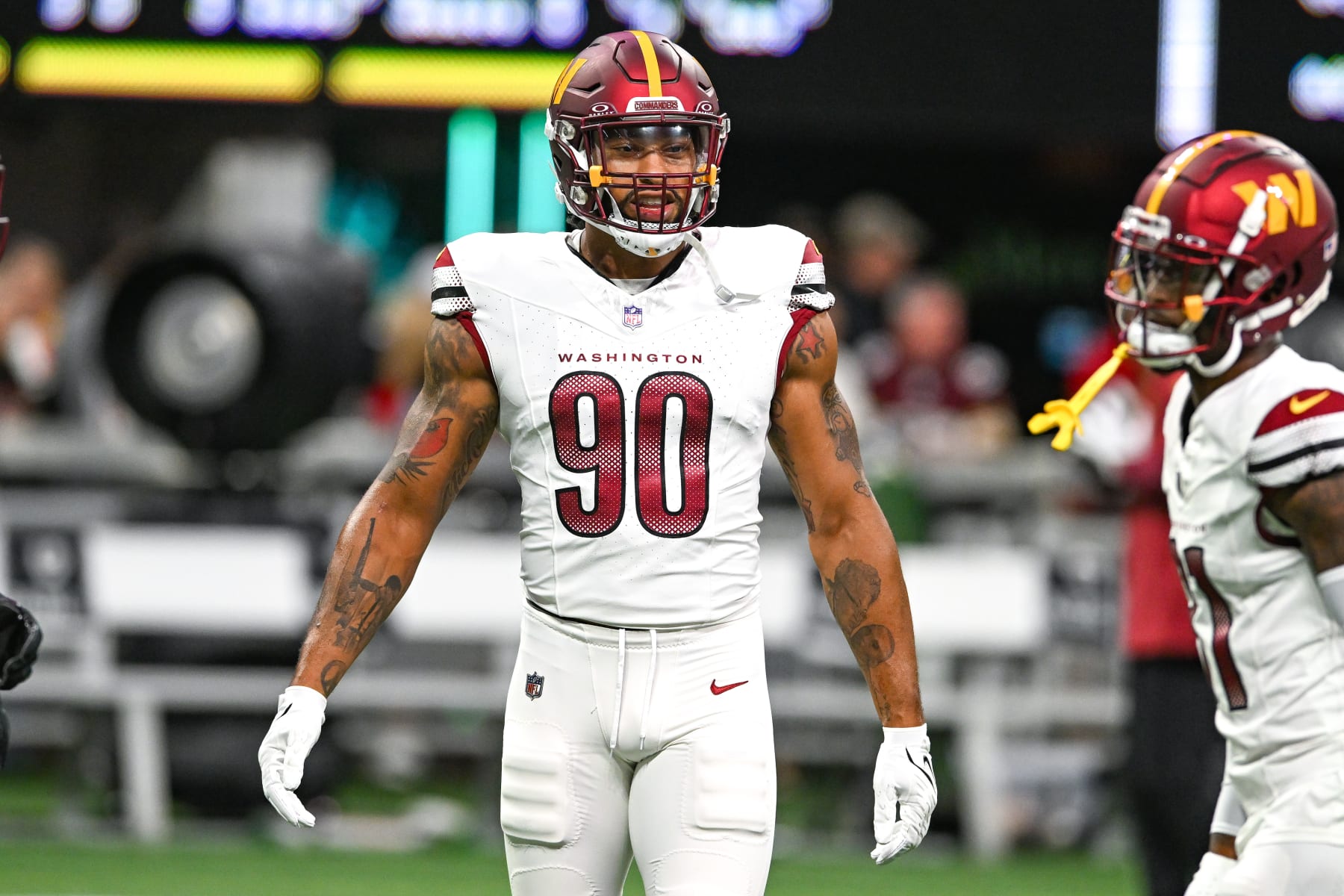 ATLANTA, GA OCTOBER 15: Washington defensive end Montez Sweat (90) warms up prior to the start of the NFL game between the Washington Commanders and the Atlanta Falcons on October 15th, 2023 at Mercedes-Benz Stadium in Atlanta, GA. (Photo by Rich von Biberstein/Icon Sportswire via Getty Images)