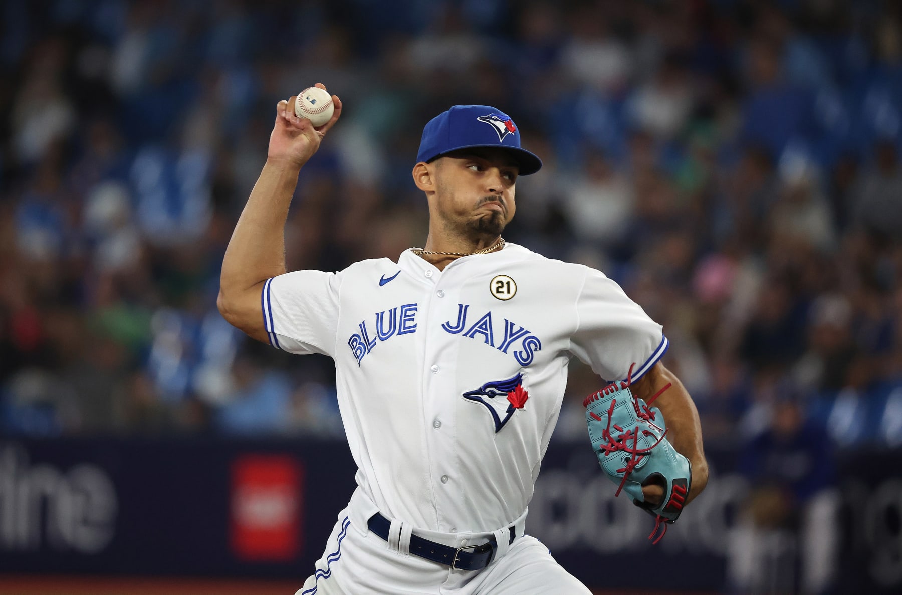 TORONTO, ON - SEPTEMBER 15 - Toronto Blue Jays relief pitcher Jordan Hicks (12) pitches the eighth inning as the Toronto Blue Jays beat the Boston Red Sox 3-0 at Rogers Centre in Toronto. September 15, 2023. (Steve Russell/Toronto Star via Getty Images)